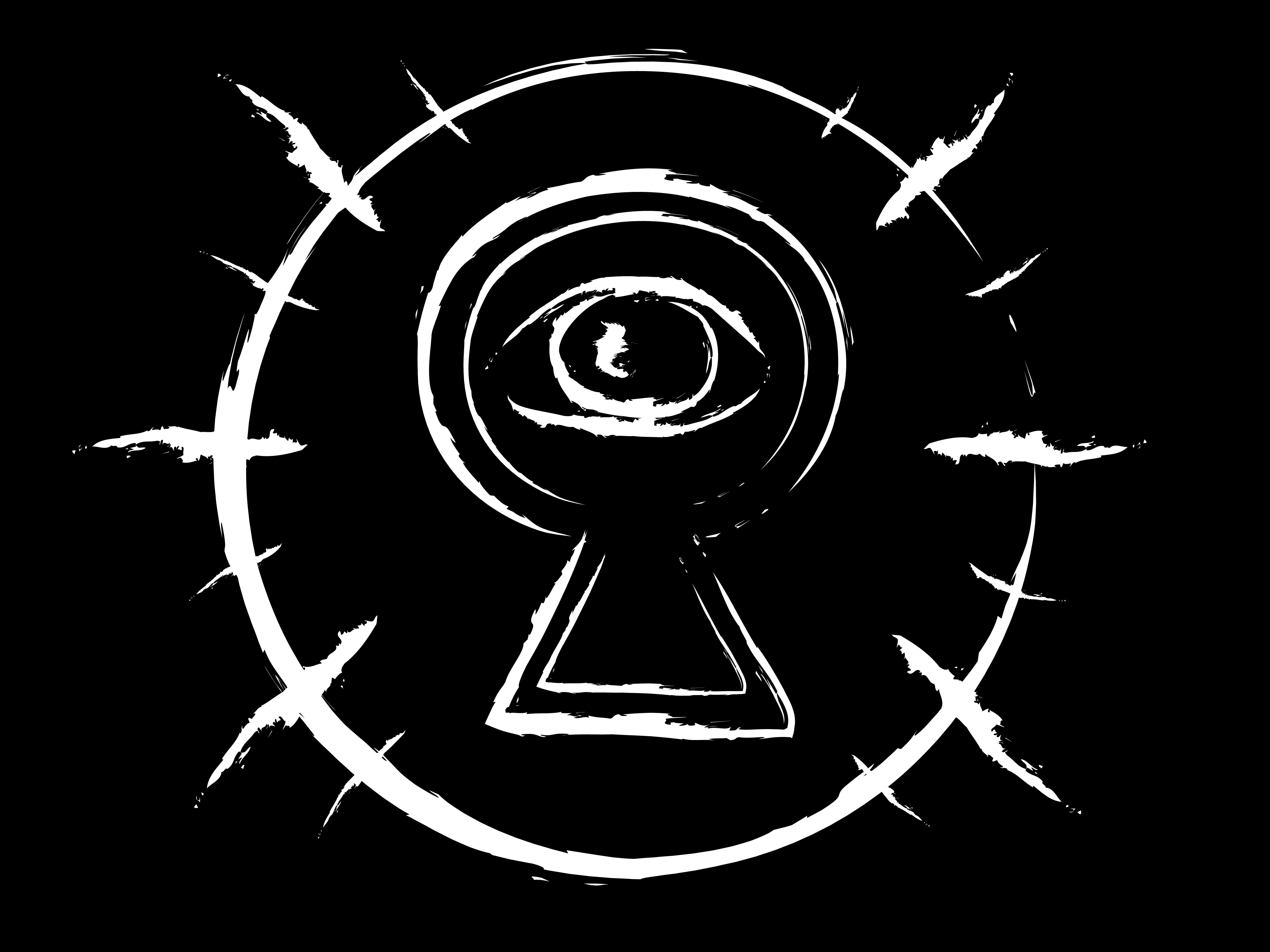A white keyhole with a white eye looking through it, surrounded by a white circle and lines against a black background.