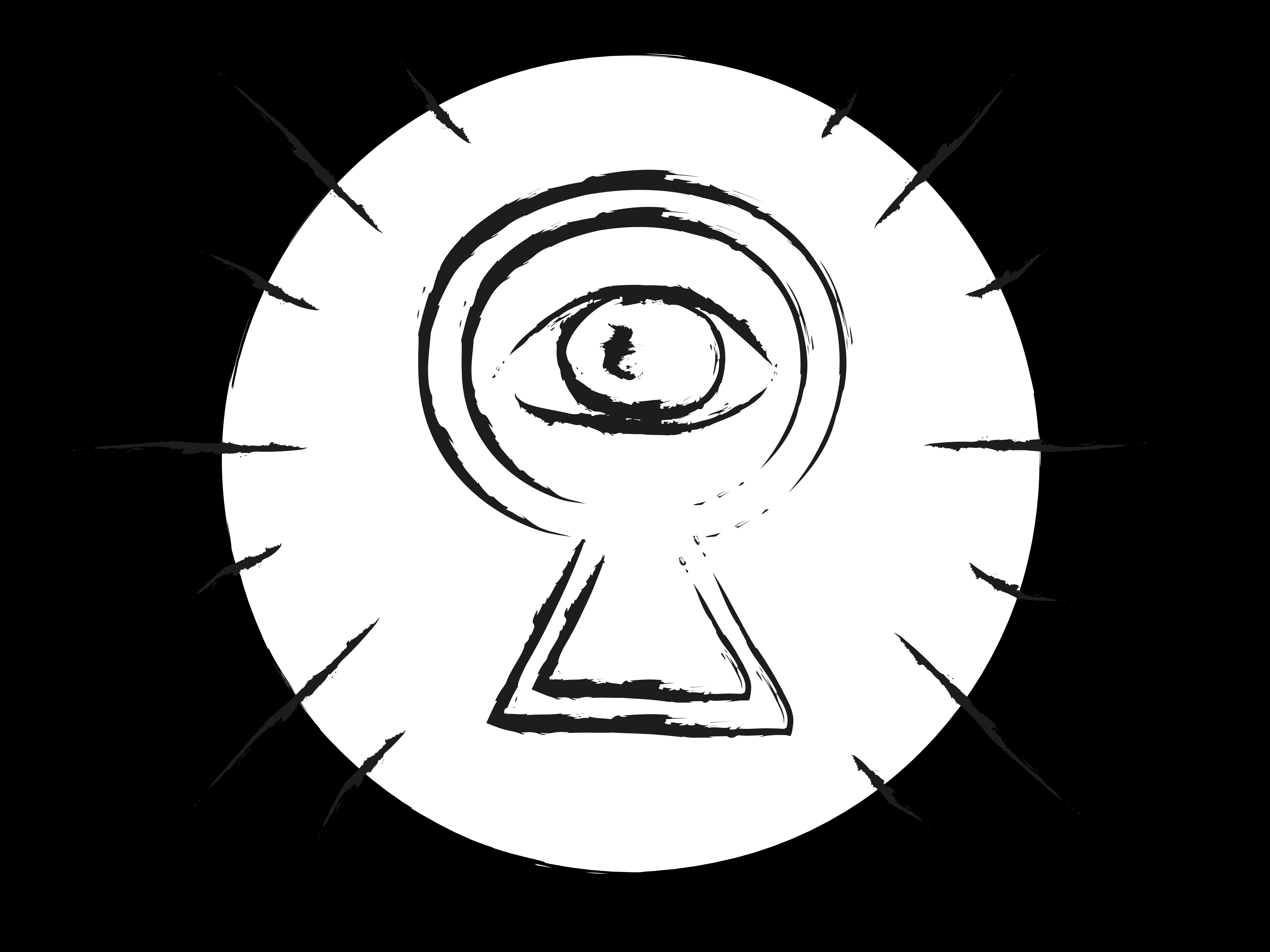 A white circle against a black background with a black keyhole and eye in the middle of the circle.