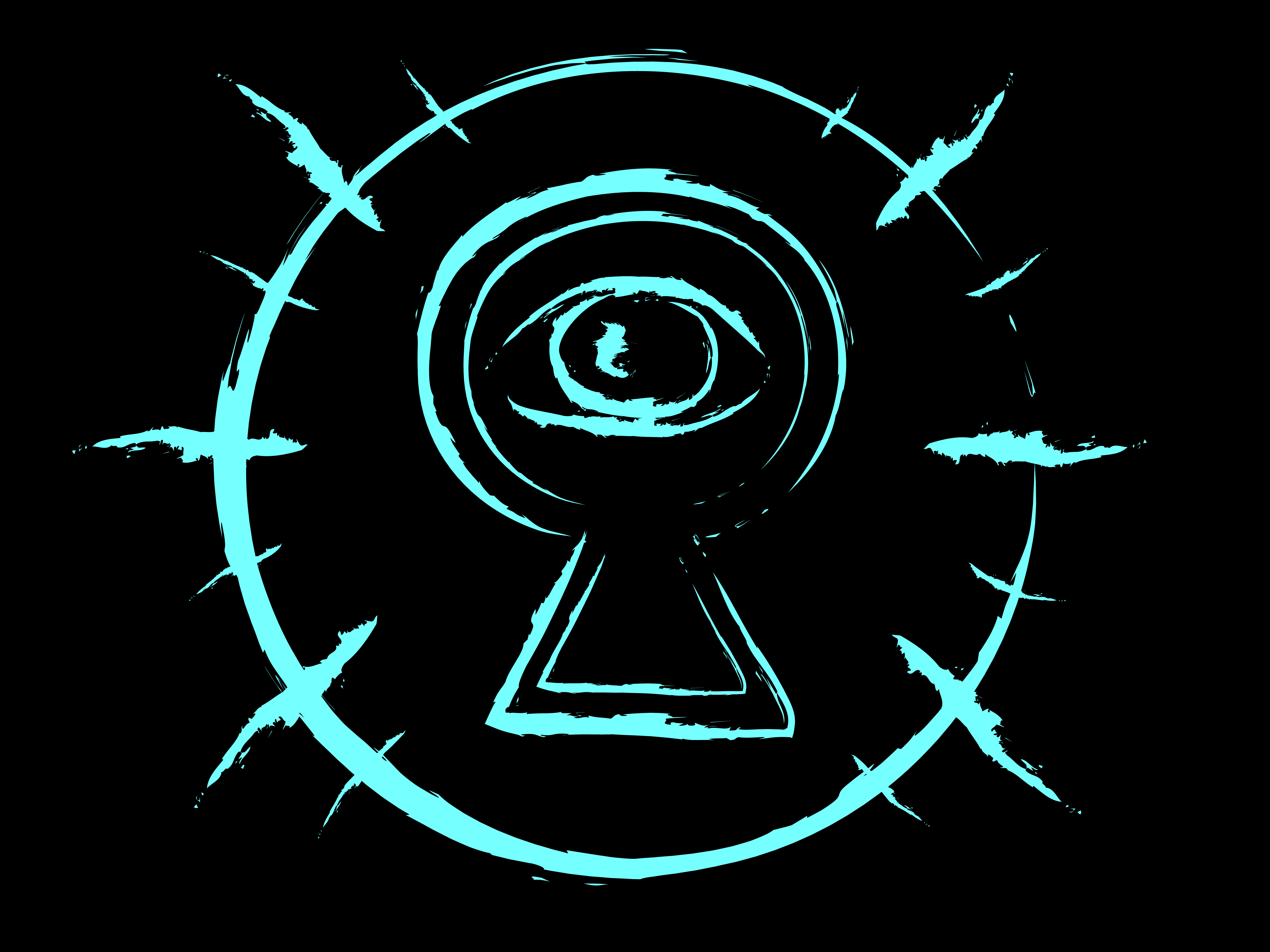 An eye poking through a keyhole surrounded by a circle - all in the colour of cyan.