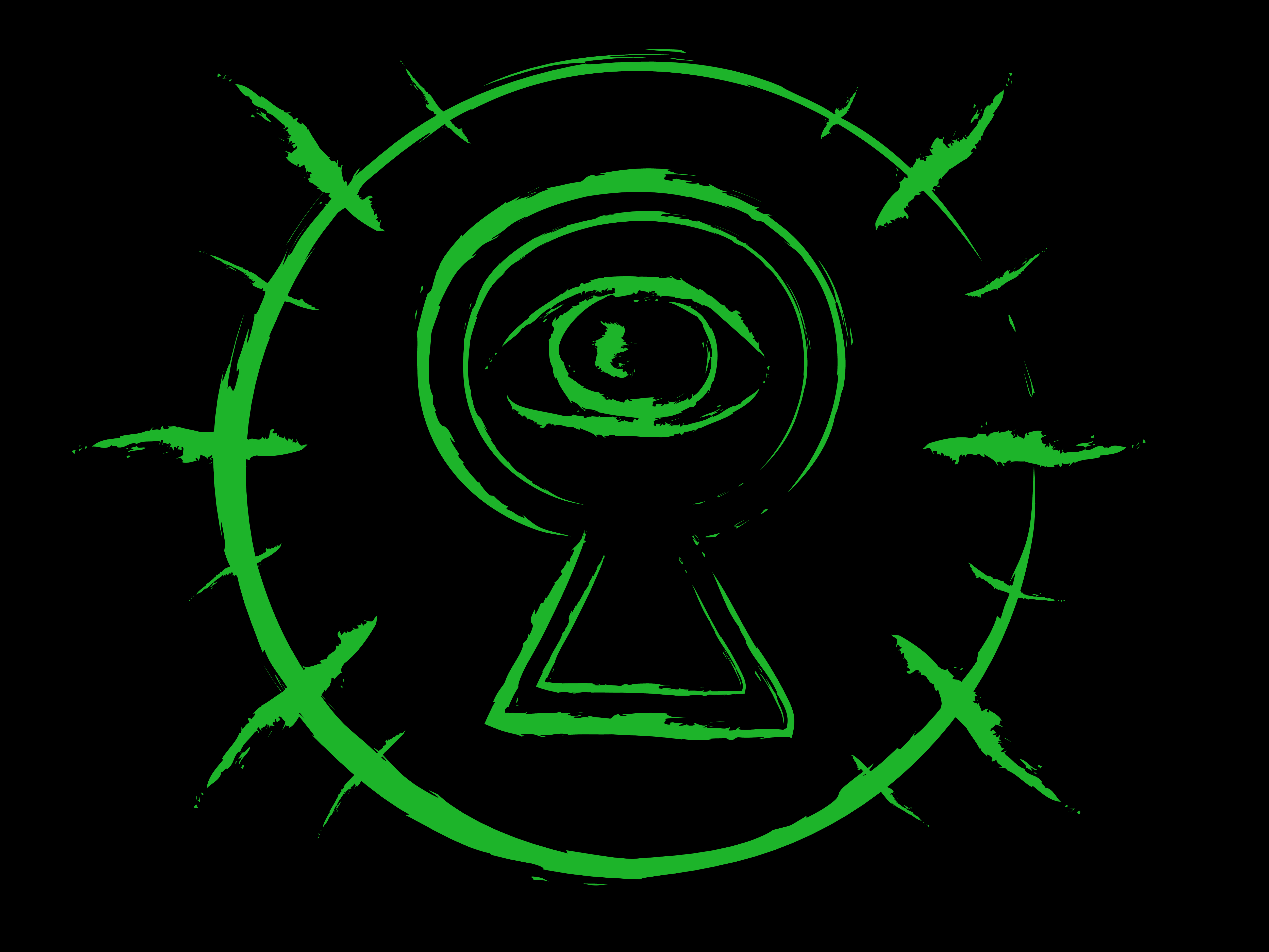An eye looking through a keyhole, in a perfect circle. Everything is green except for the black background.
