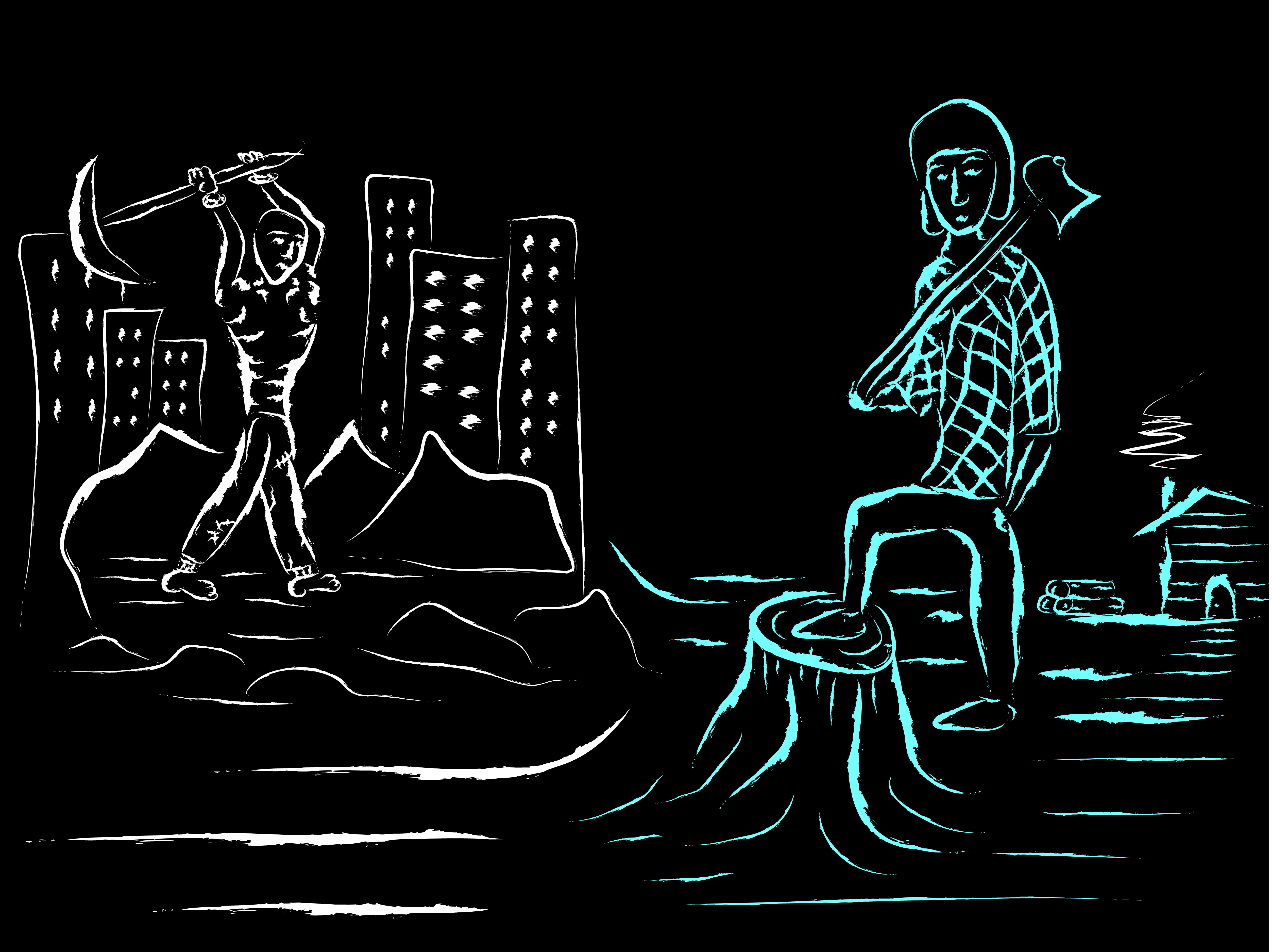 A man mining away in tattered clothes, and a triumphant woodcutter looking out over his log cabin. White and cyan colours.