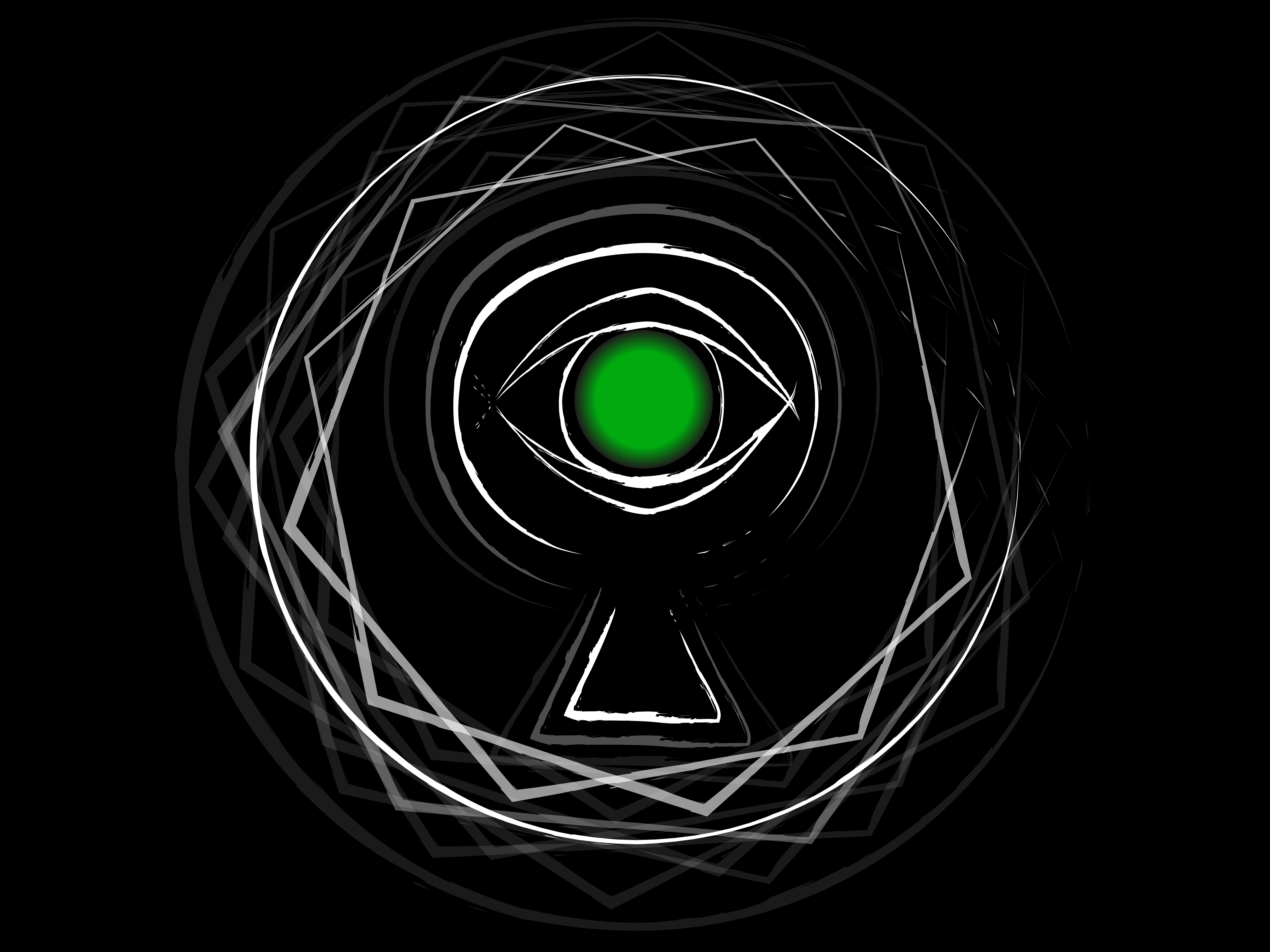 An eye looking through a keyhole, in a perfect circle. Everything is green except for the black background.