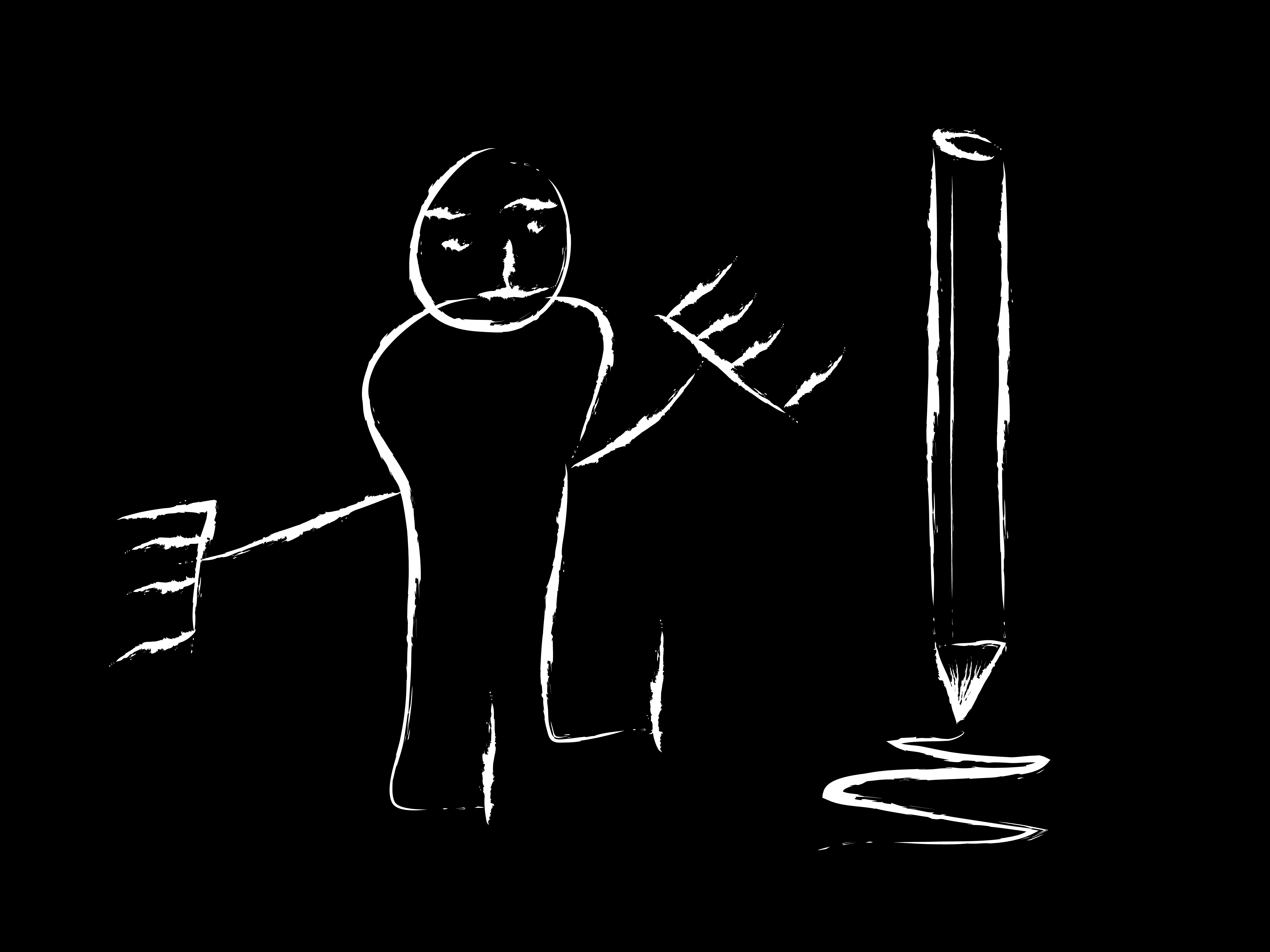 Black and white image of a childish doodle and a pen drawing a line. 