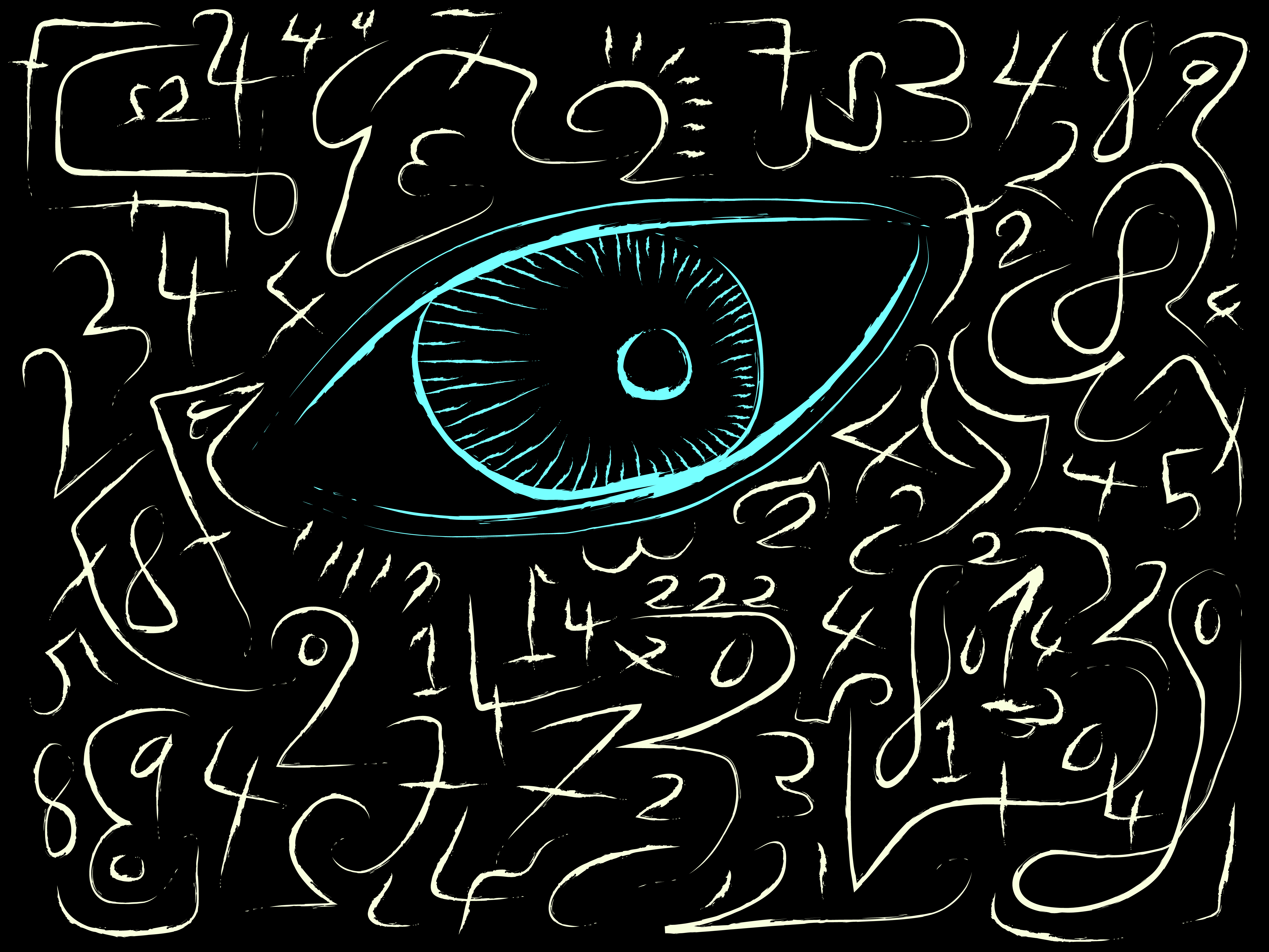 A cyan eye scouring through endless and abstract numbers floating across a dark abyss.