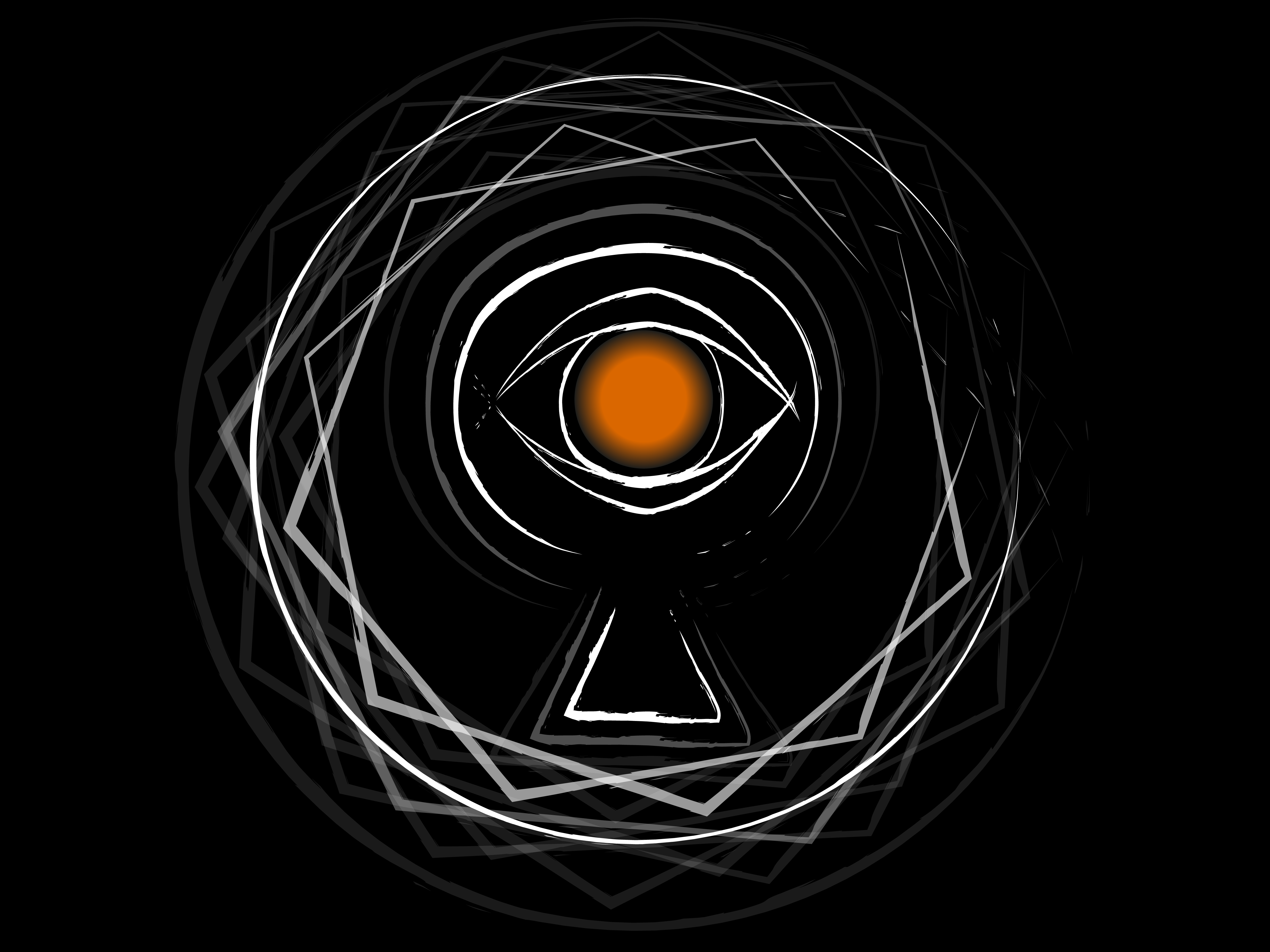 A white eye with an orange iris circled by several layers of white geometry.