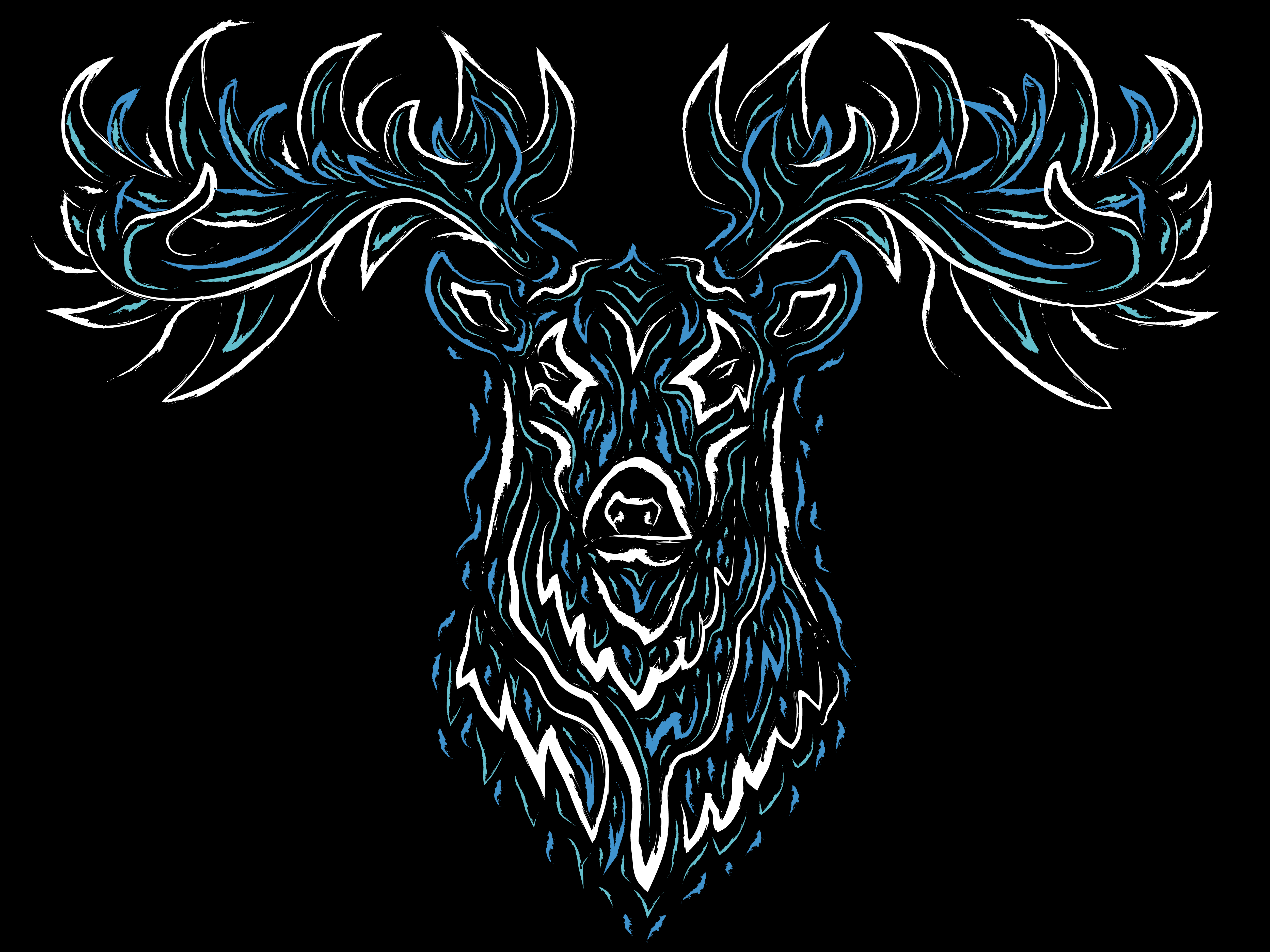 The head of an elk with a large antler. It's coloured different hues of blue and white against a black background.