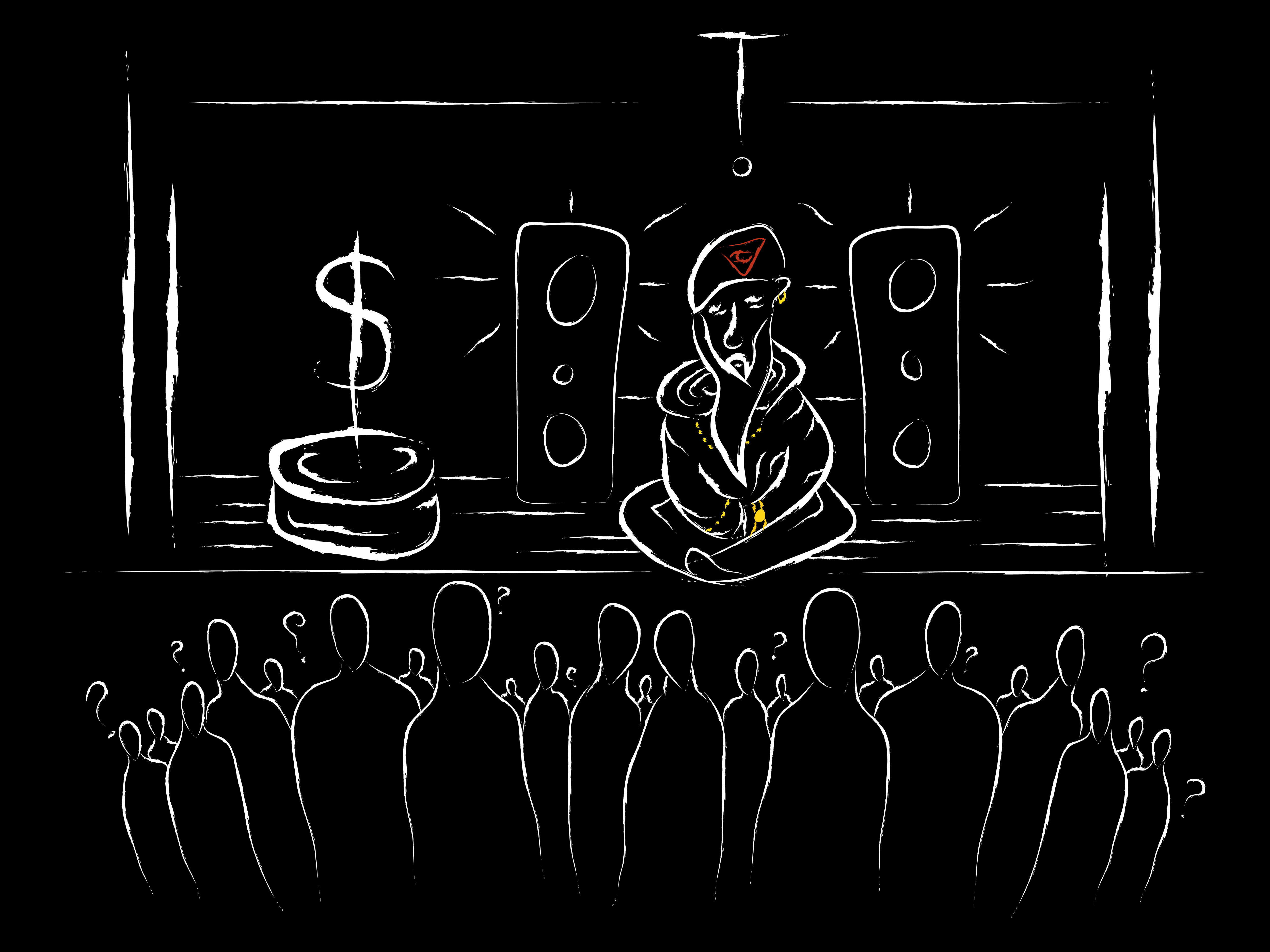 A bearded man dressed in golden jewelry sitting on a stage with a dollar symbol and big speakers infront of a crowd of people