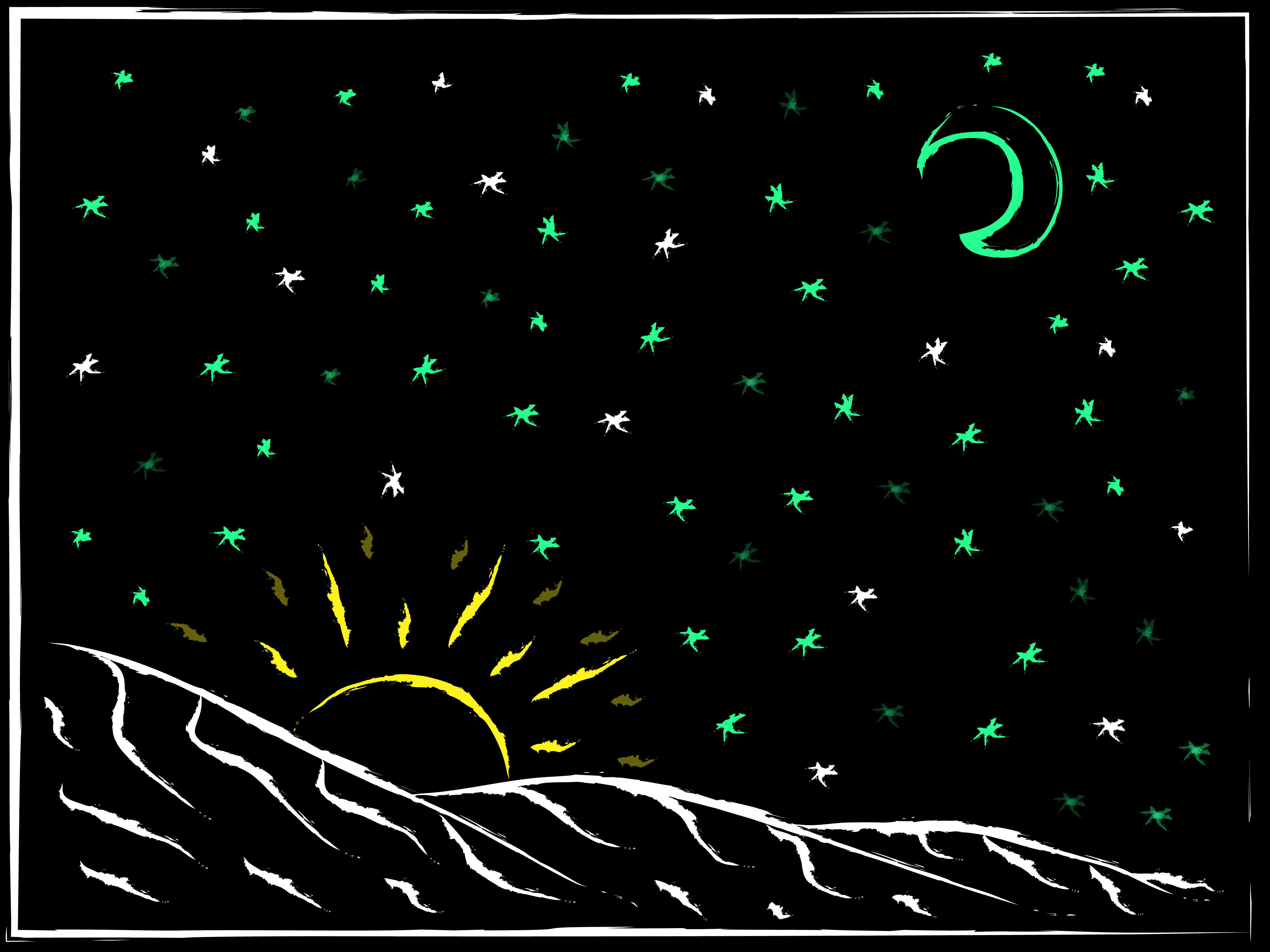 A starry sky and a blue moon over dunes of white. Behind the white dunes the yellow sun is setting. 