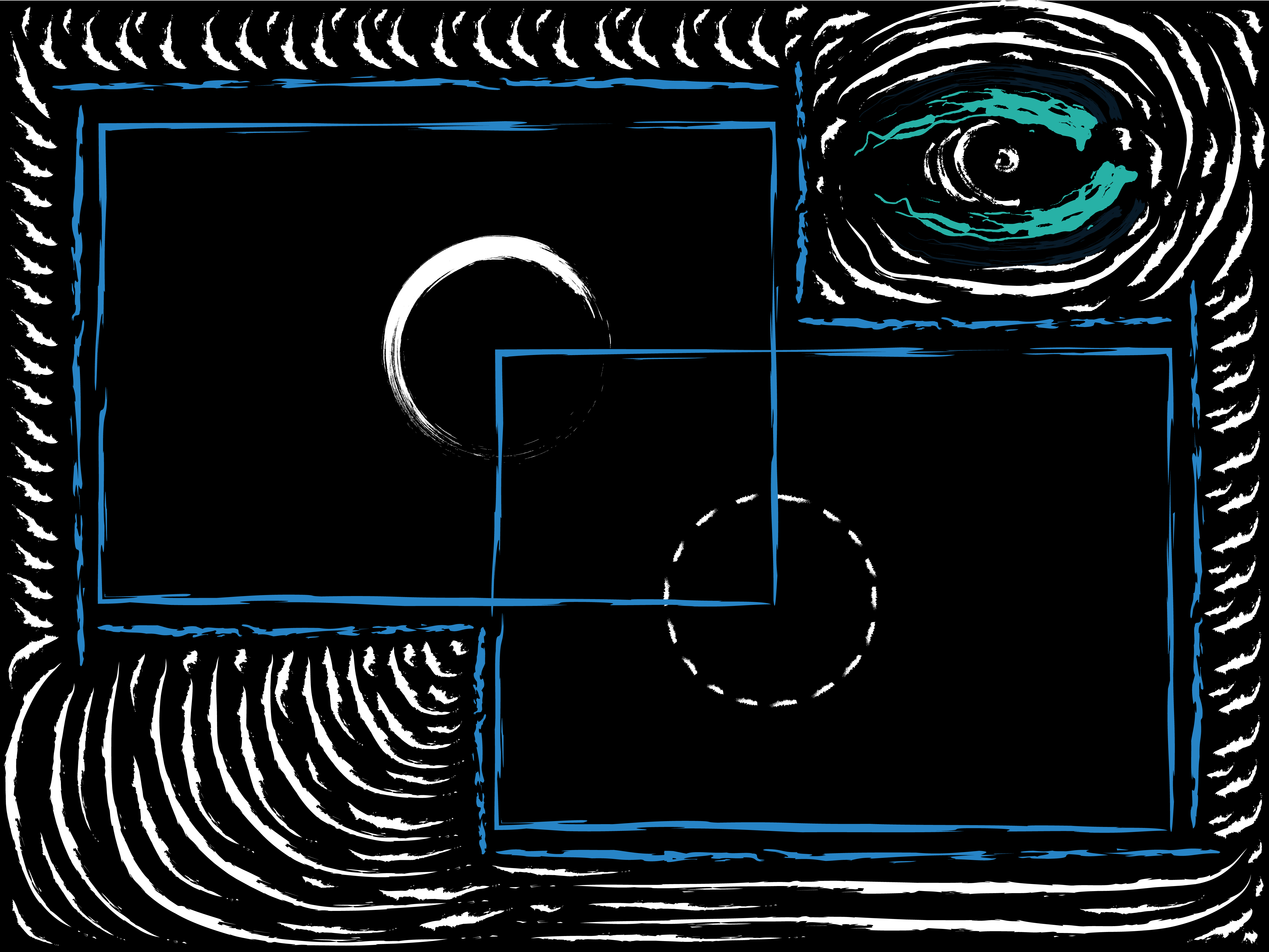 An abstraction of the art of tracing, using squares and a circle both full and with just a trace line around it.