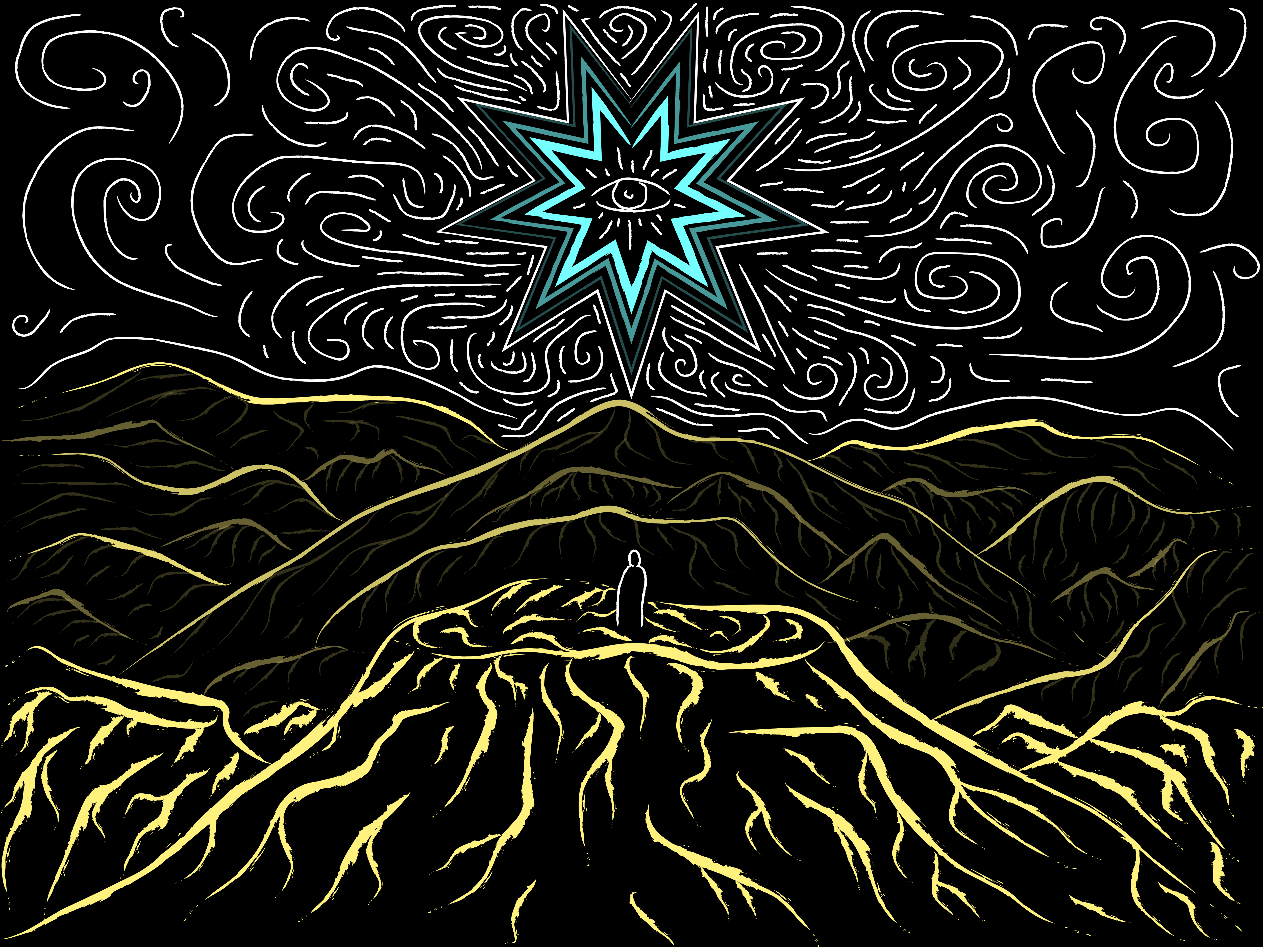 A singular person in white standing ontop of a desert mountain, a star shines brightly, stretching out across the night sky