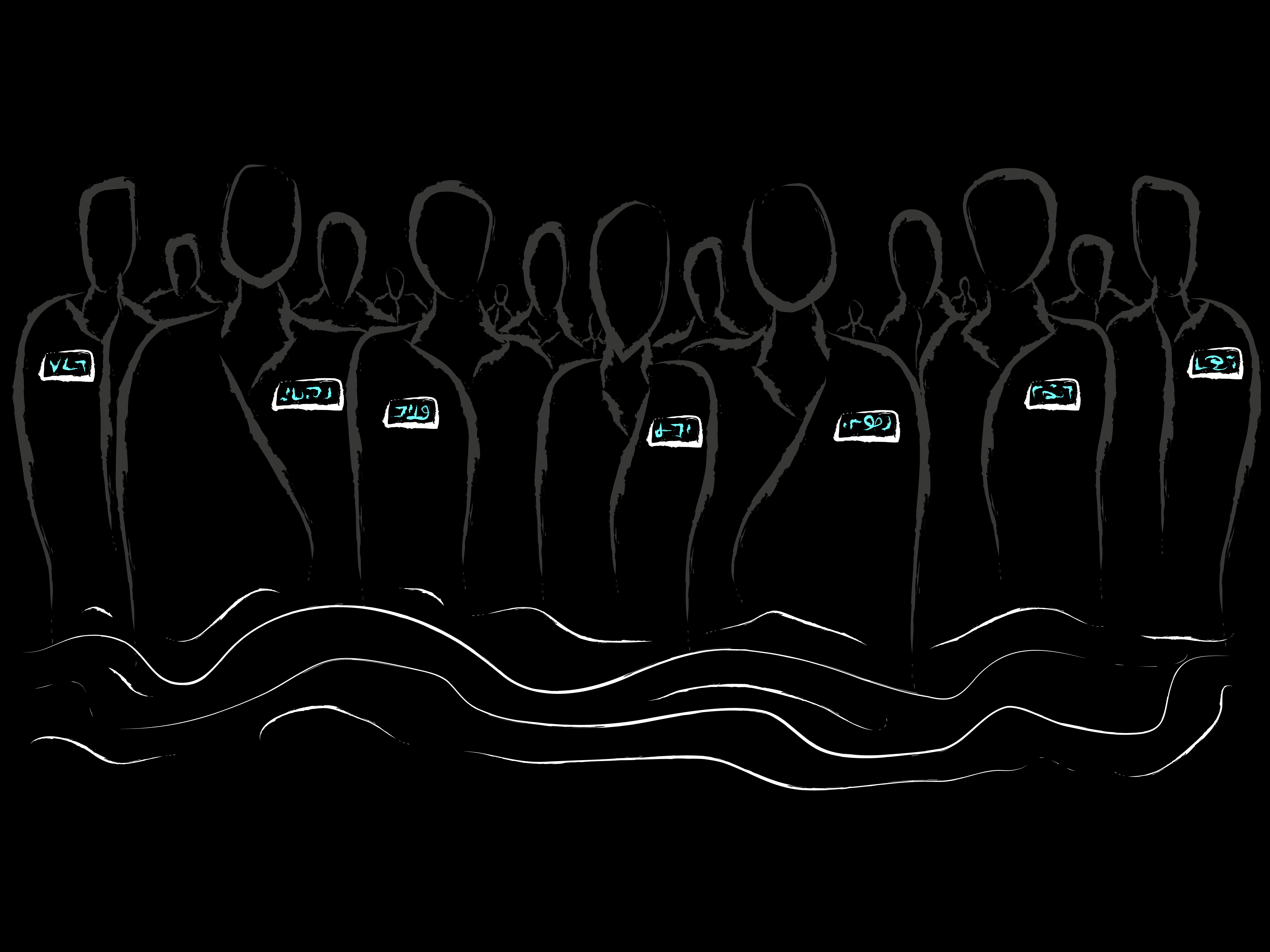 A large group of faceless individuals of a grey hue, wearing a bright and white name sign written in cyan.