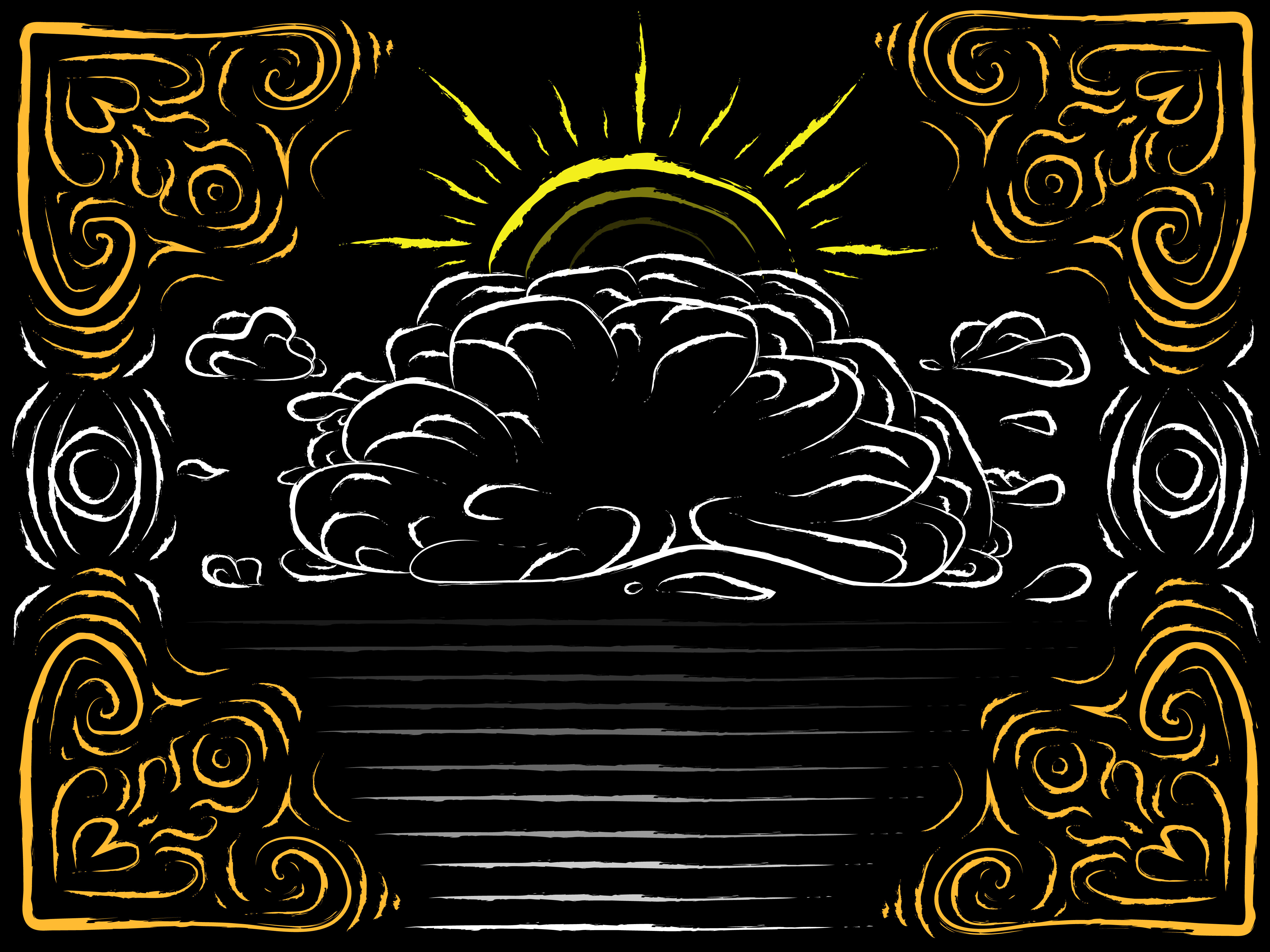 A yellow sun poking out from behind some ornate white clouds, the entire scene is decorated with gilded geometry.