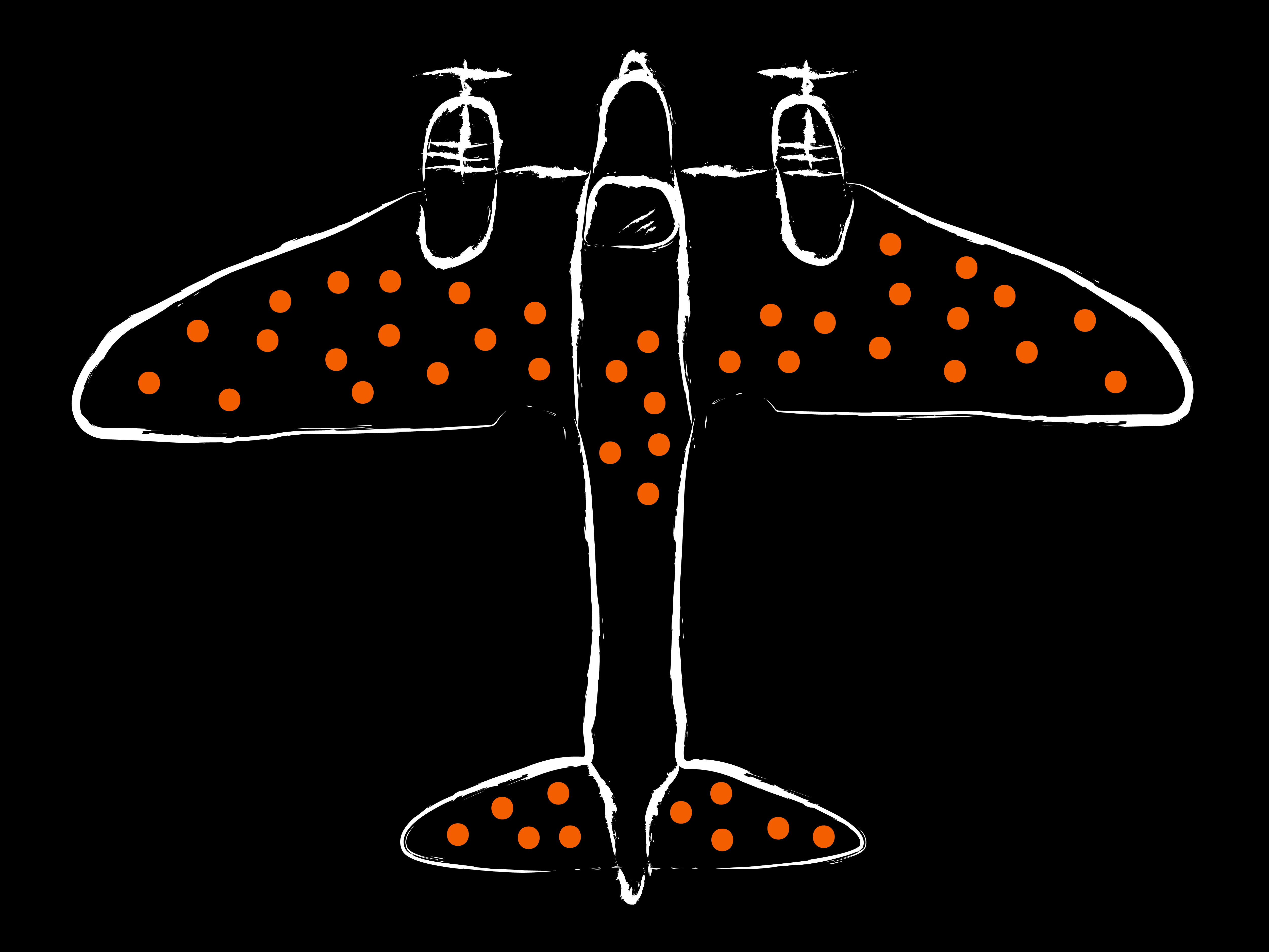 A white plane with several hypothetical orange hitmarkers over different parts on a black background.
