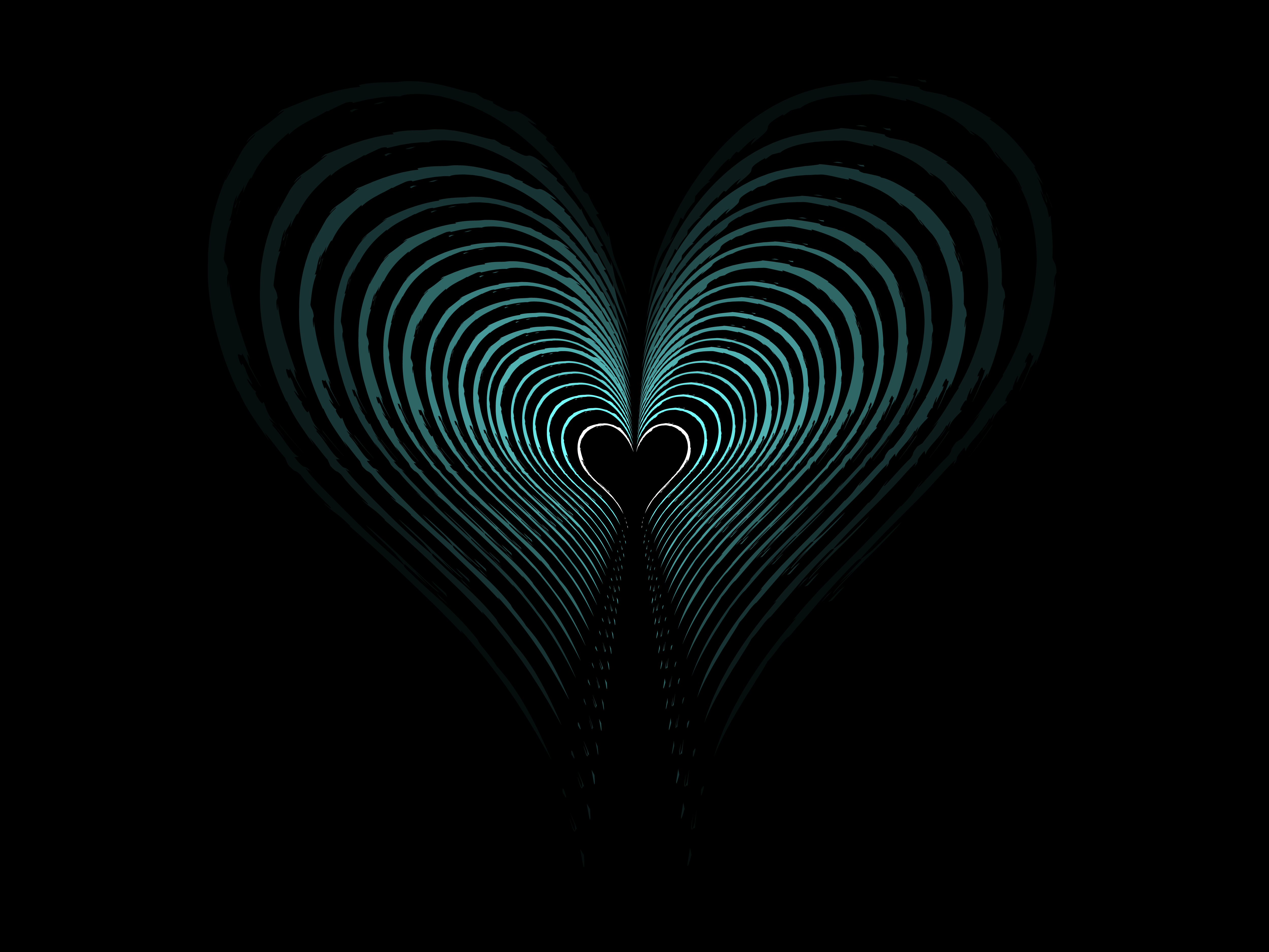 A heart pulsating with cyan colours creating an echo of its shape eternally outwards.