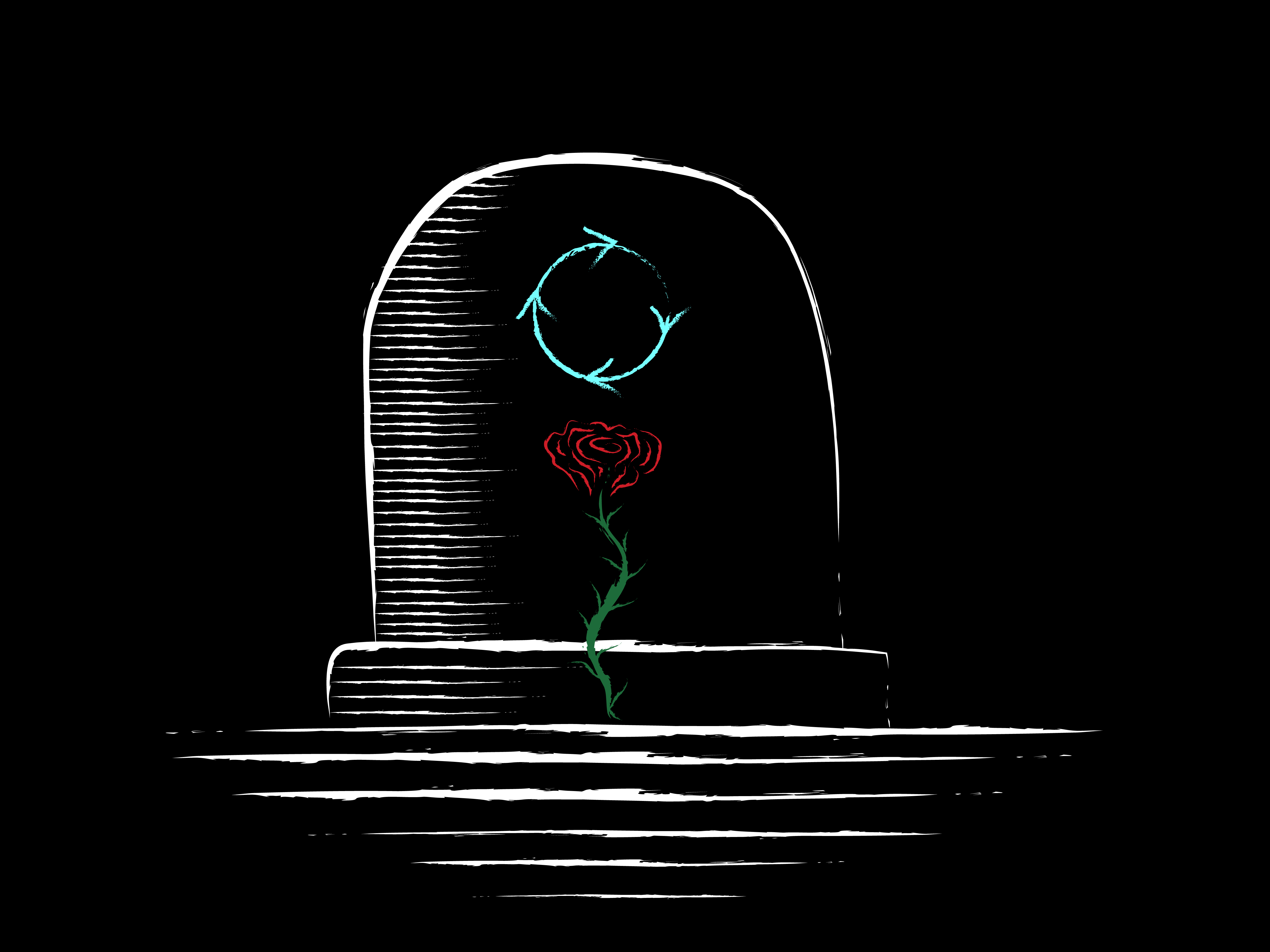 A black and white gravestone with a deep red rose infront of it. Carved on the grave is a cyan recycling symbol.