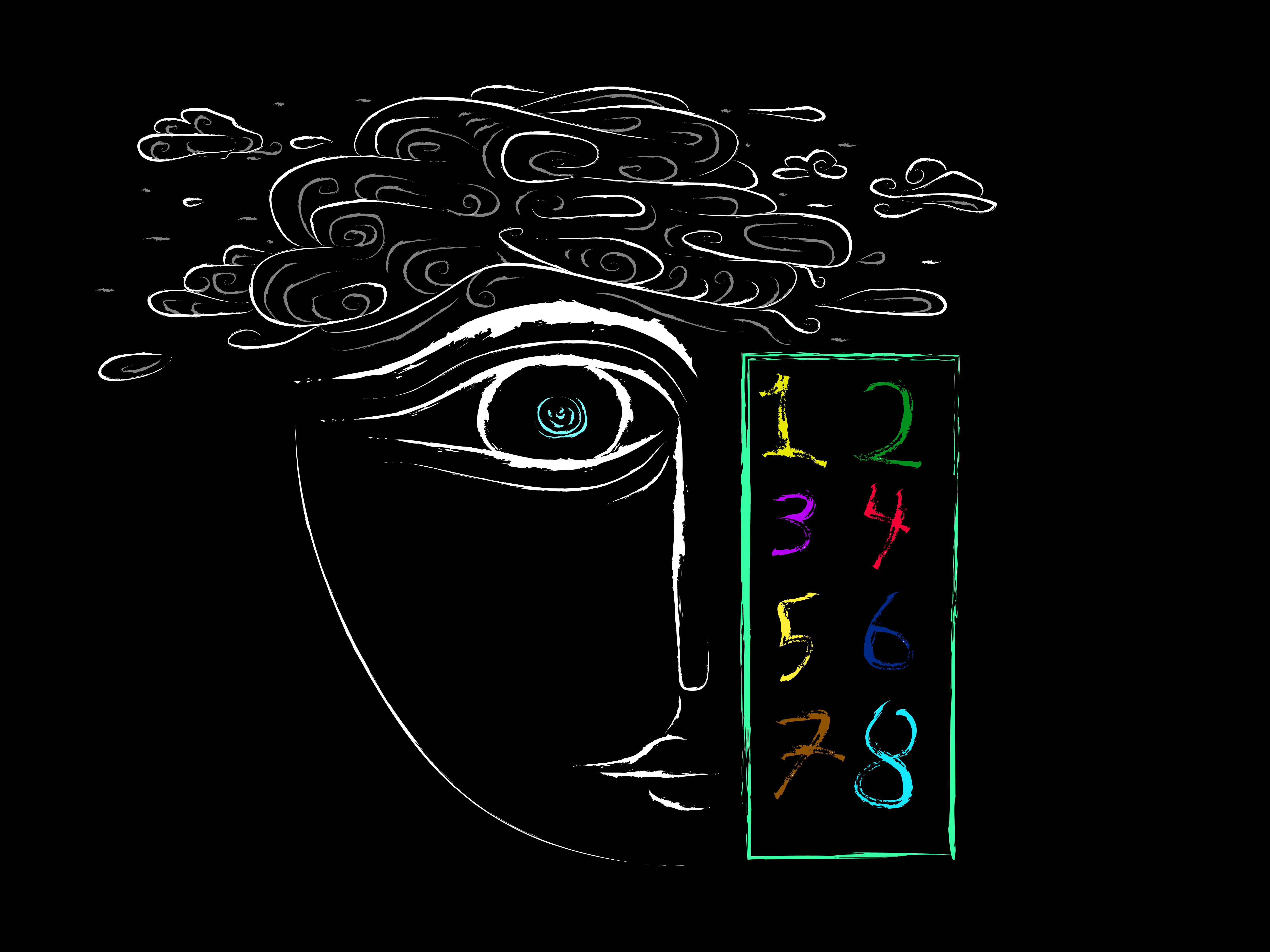A person with a head full of clouds and concepts on the right side of their face are a bunch of colourful numbers.