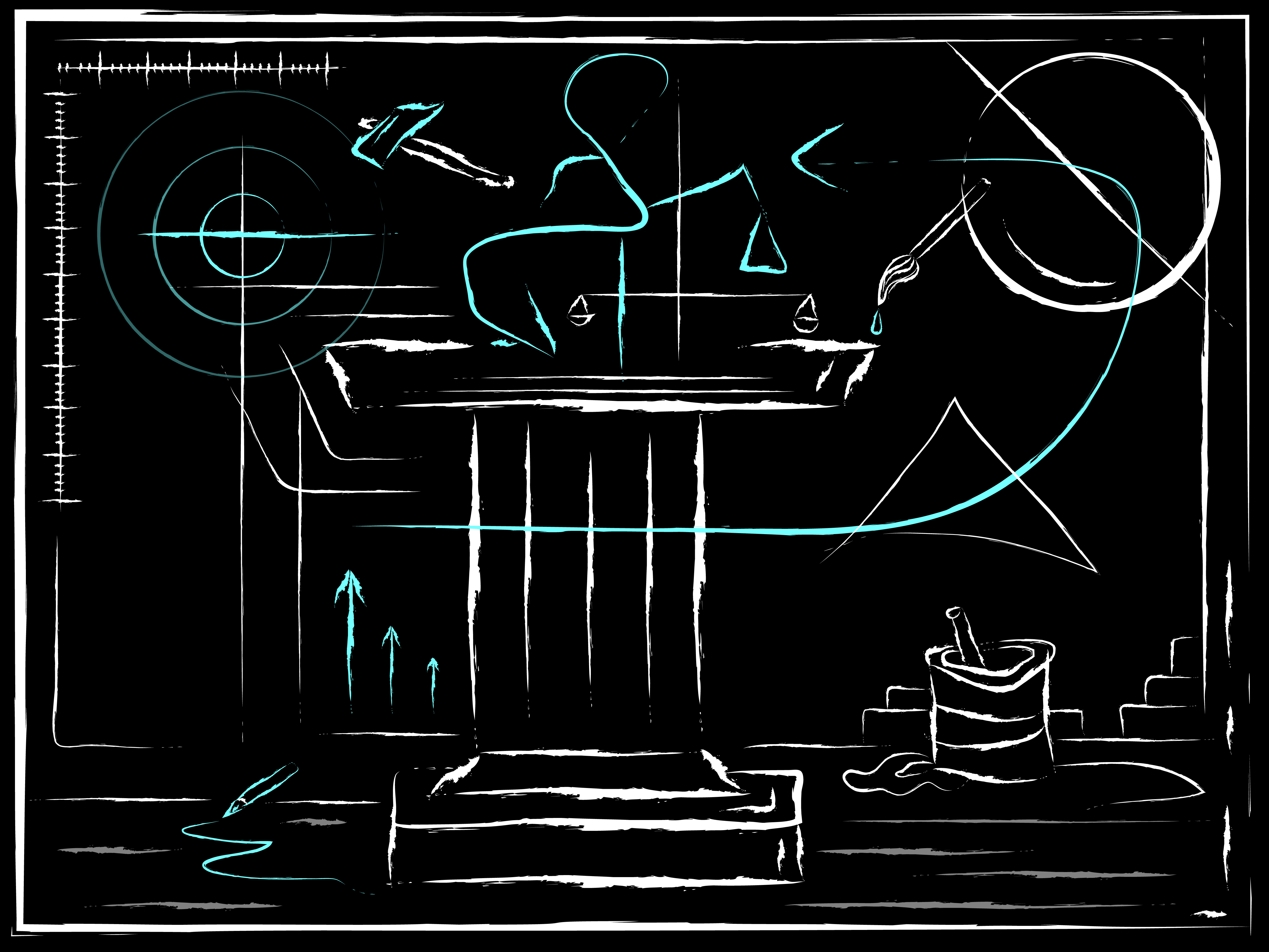 A white pedestal holding a piece of art, surrounded by different tools, like hammers, rulers and brushes.