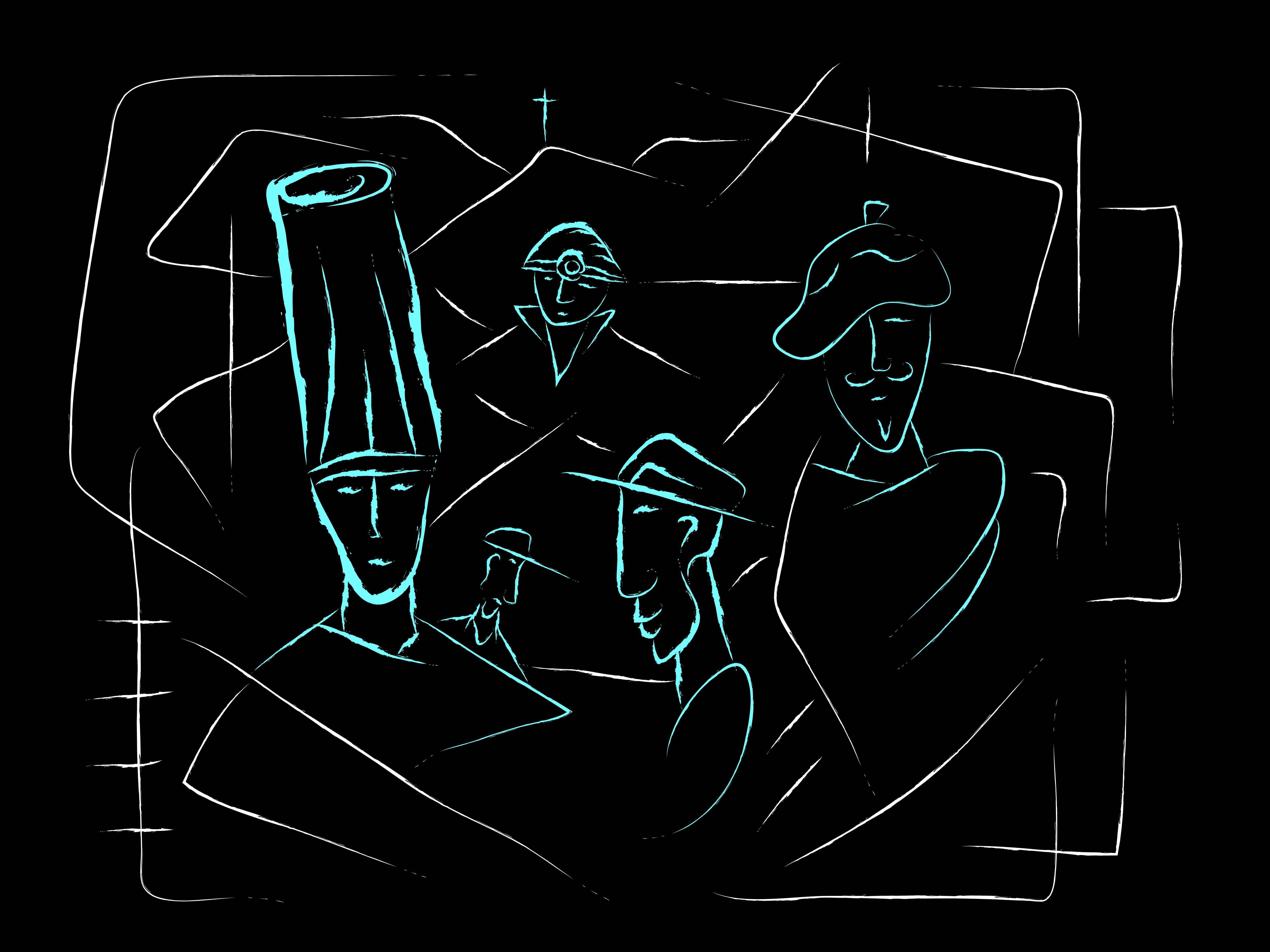 A man wearing many different hats (careers). White and black movement with turqoise people and hats.