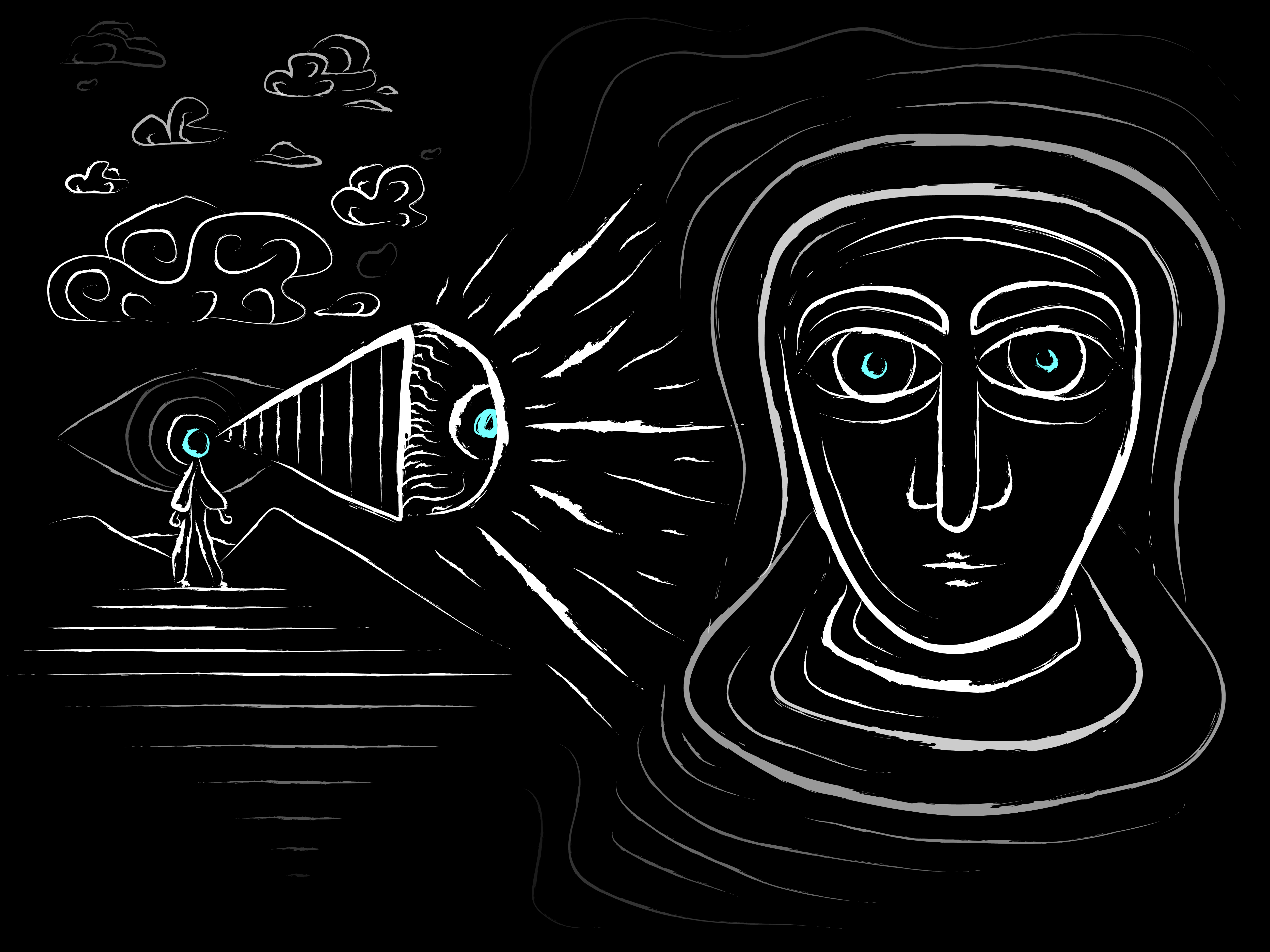 An eye viewing itself endlessly in white with some turqoise eyes.