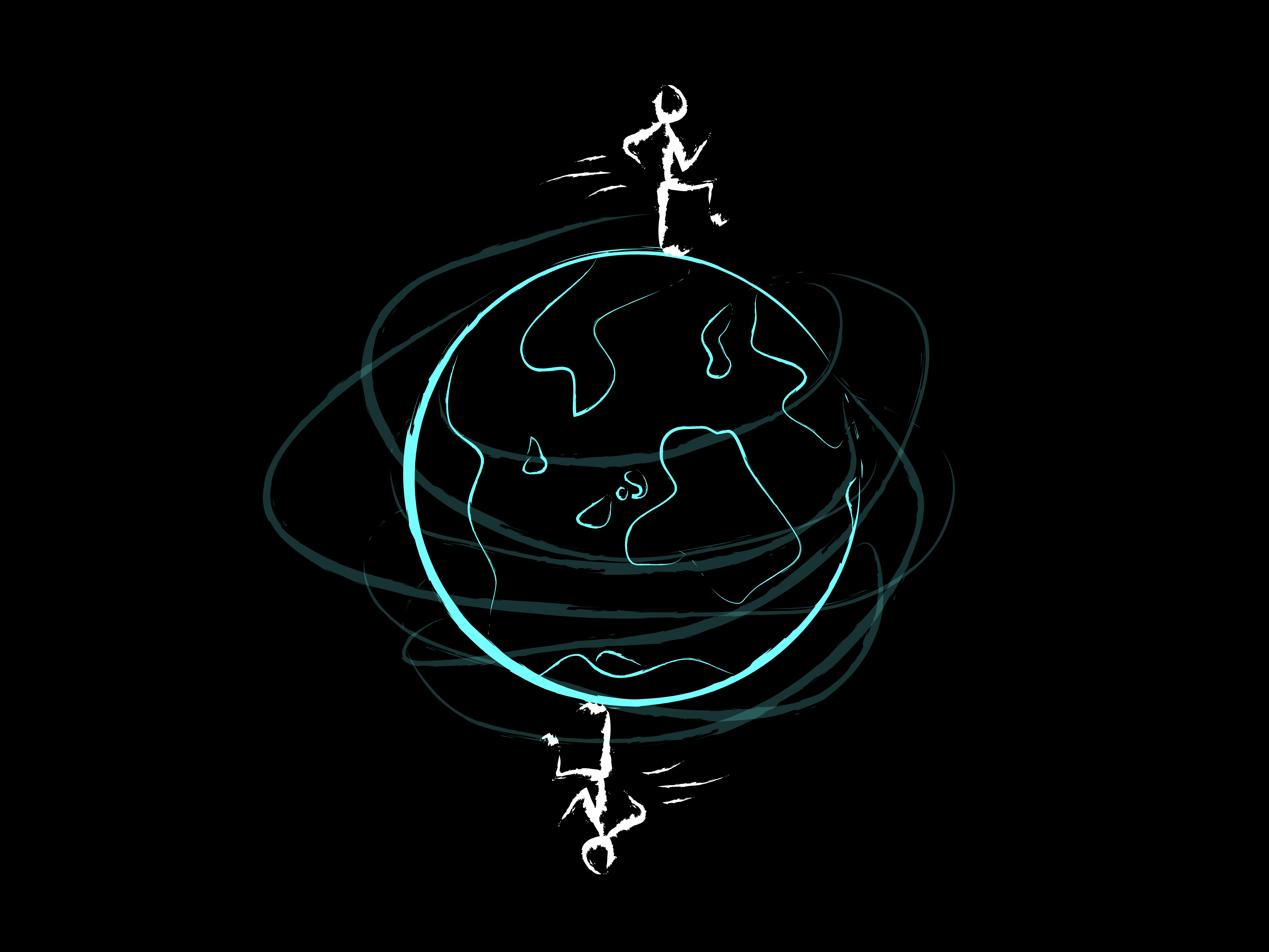 Two people wandering in a circle around a globe, spinning and spinning. White and cyan colours.