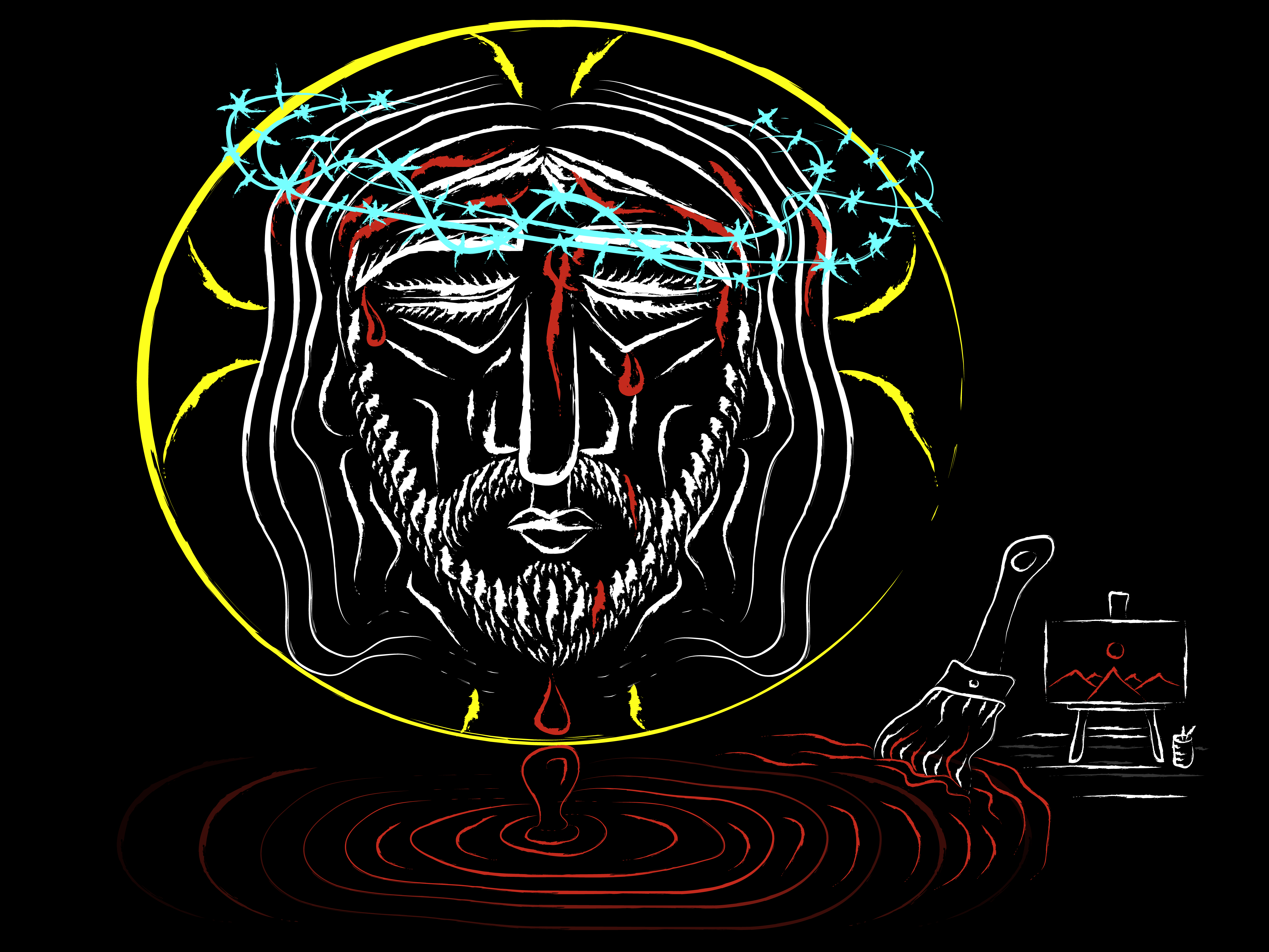 The head of Christ with a crown of thorns, beneath there's a pool of blood with a brush , there is a red easel in the back.