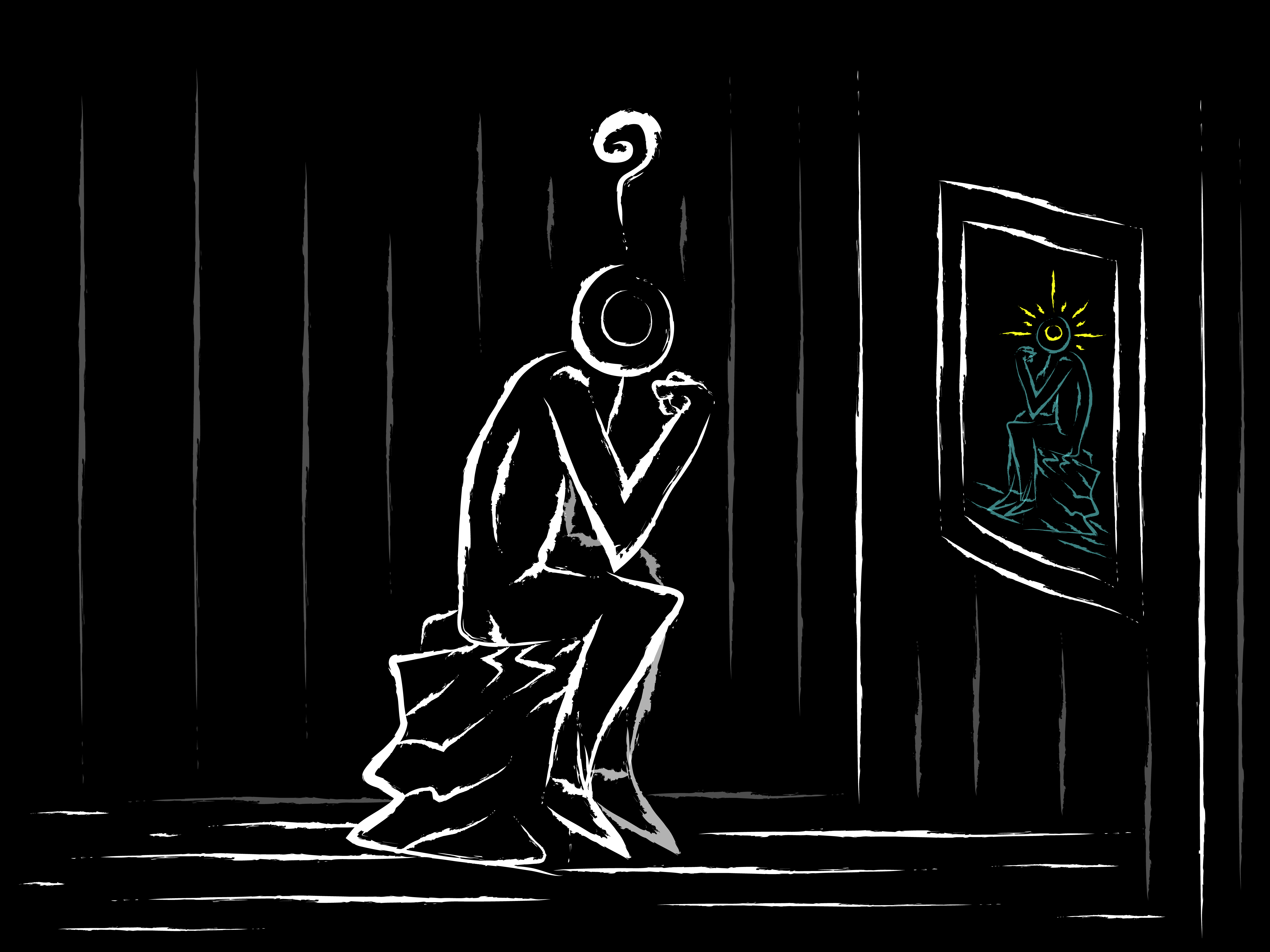 A man deep in thought pondering a self-portrait while sitting on a rock. The colours are white and black.