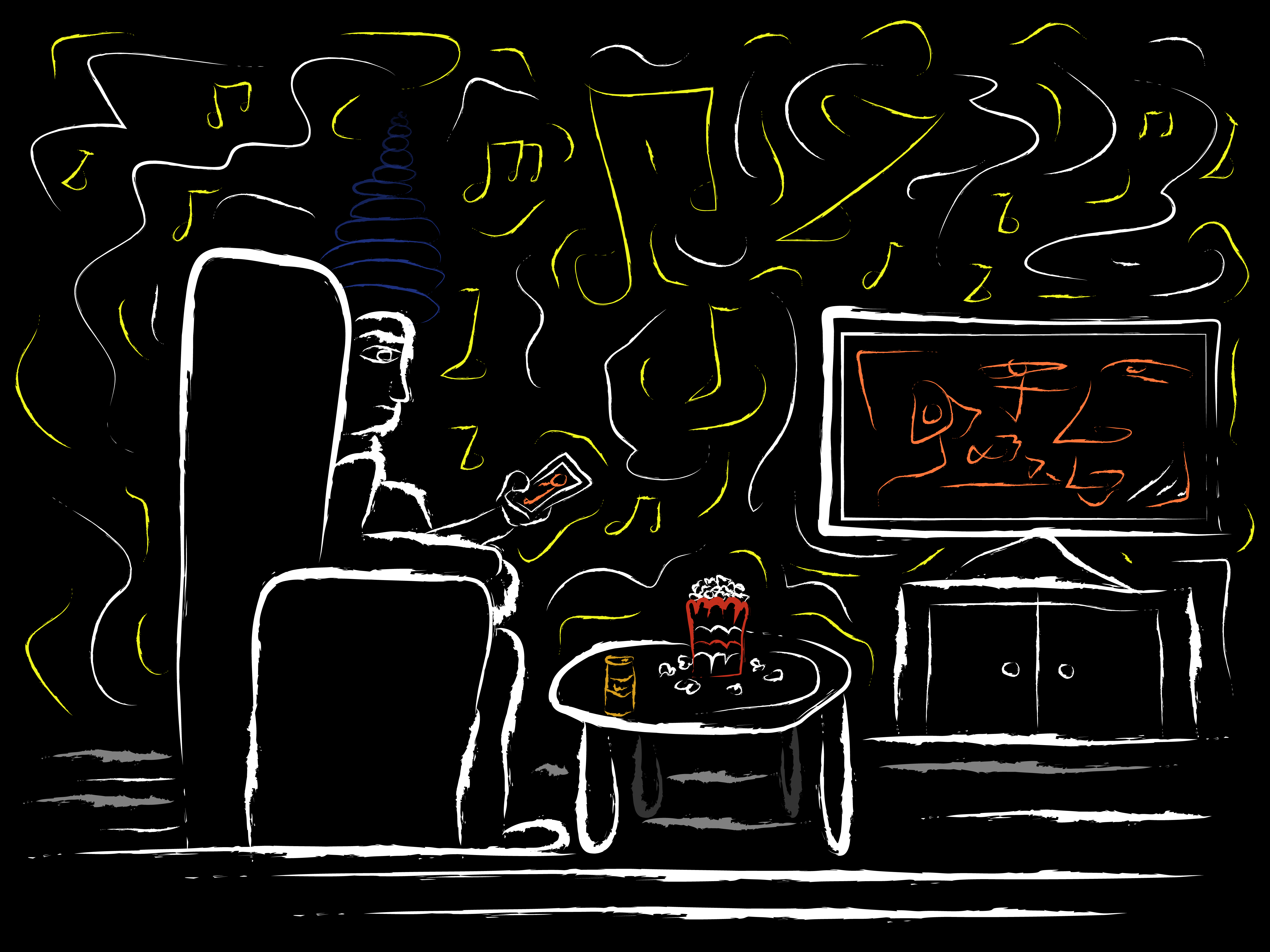 A person sitting in a sofa watching both the tv and their phone while simultanously listening to music, eating and drinking.
