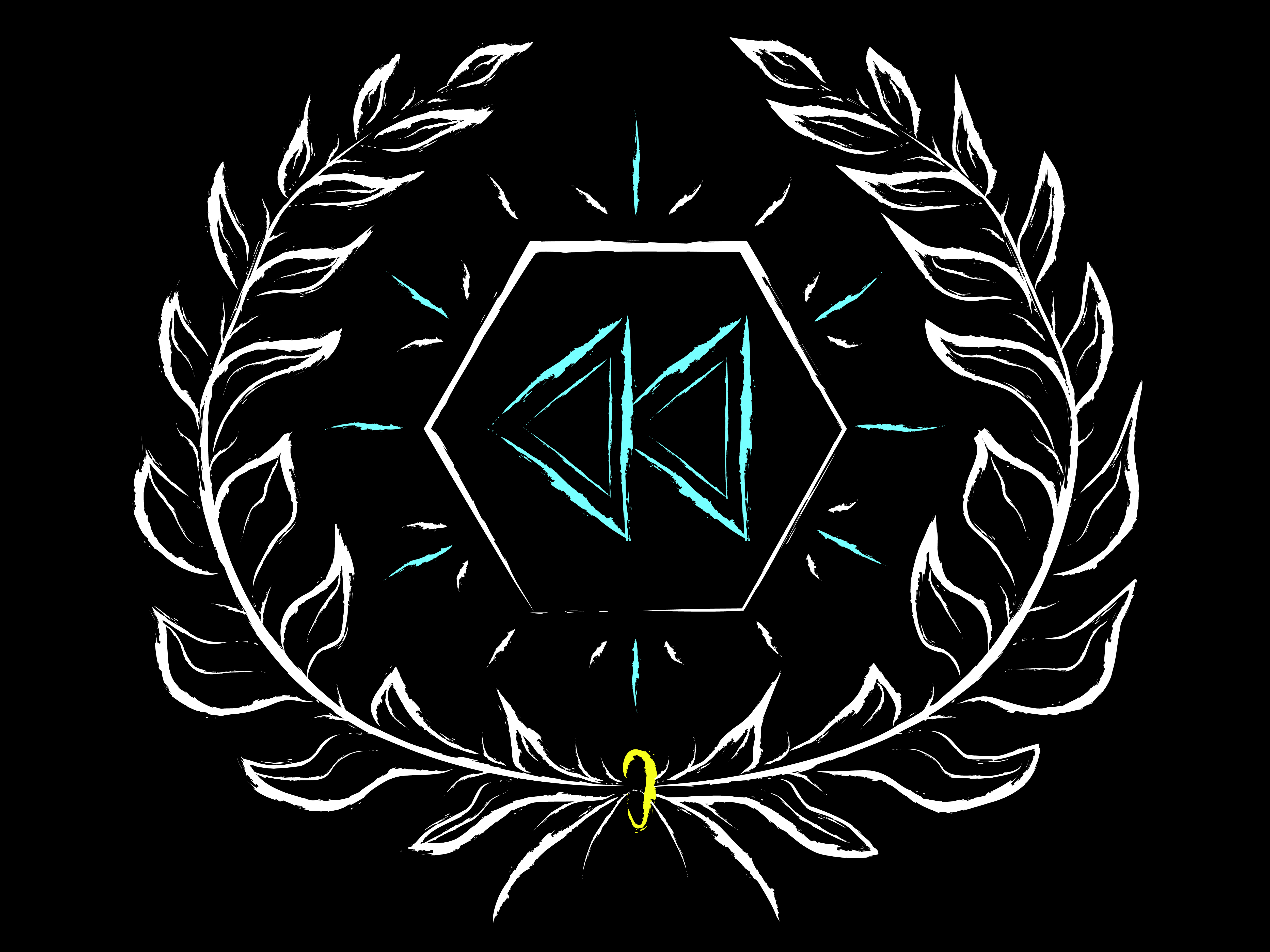 A rewind symbol in a center of a heptagon, surrounded by a white laurel. The rewind symbol is cyan and radiating.