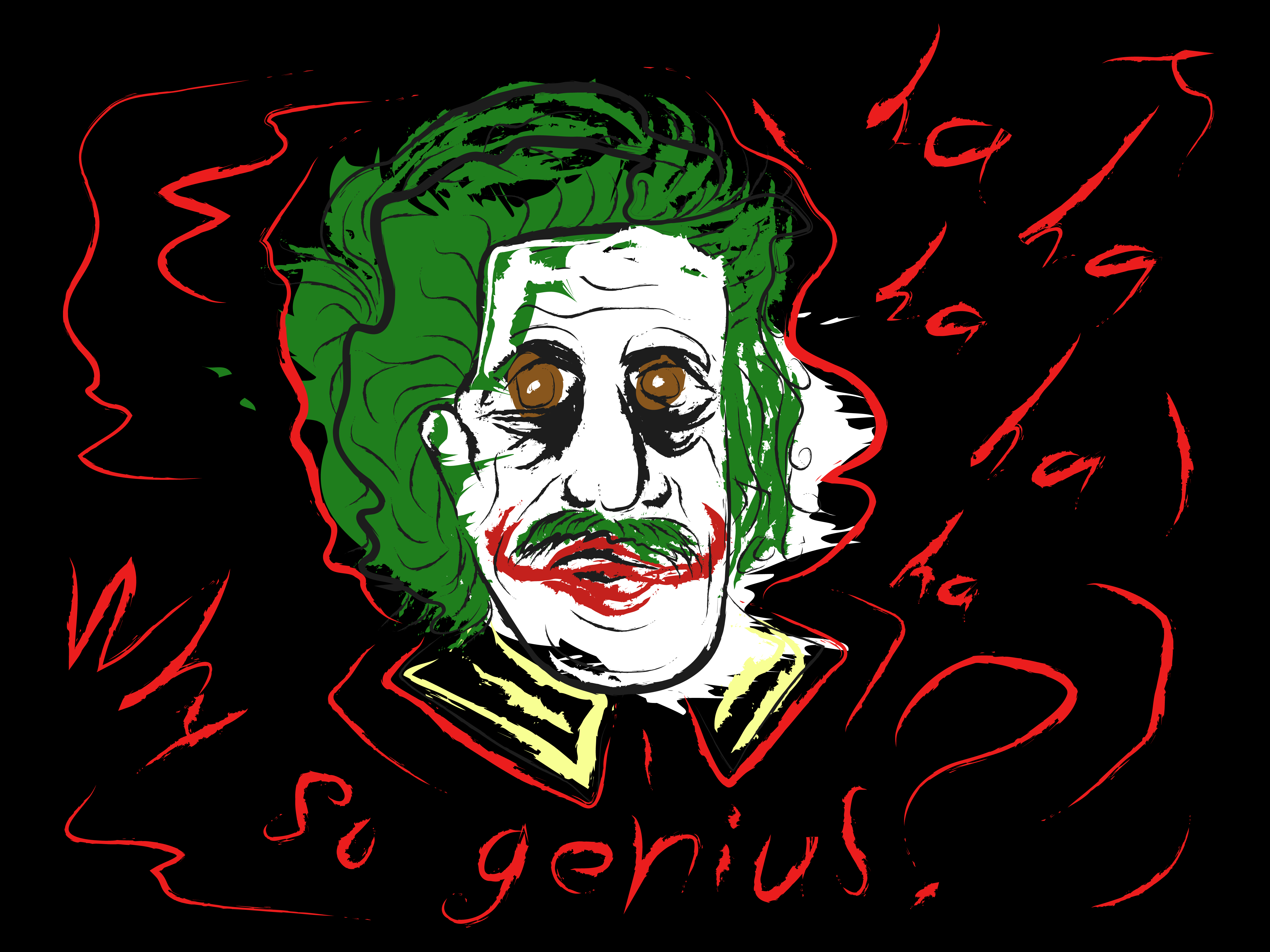 An illustration of Albert Einstein in the makeup of the Joker from Batman with the text 'why so genius?'