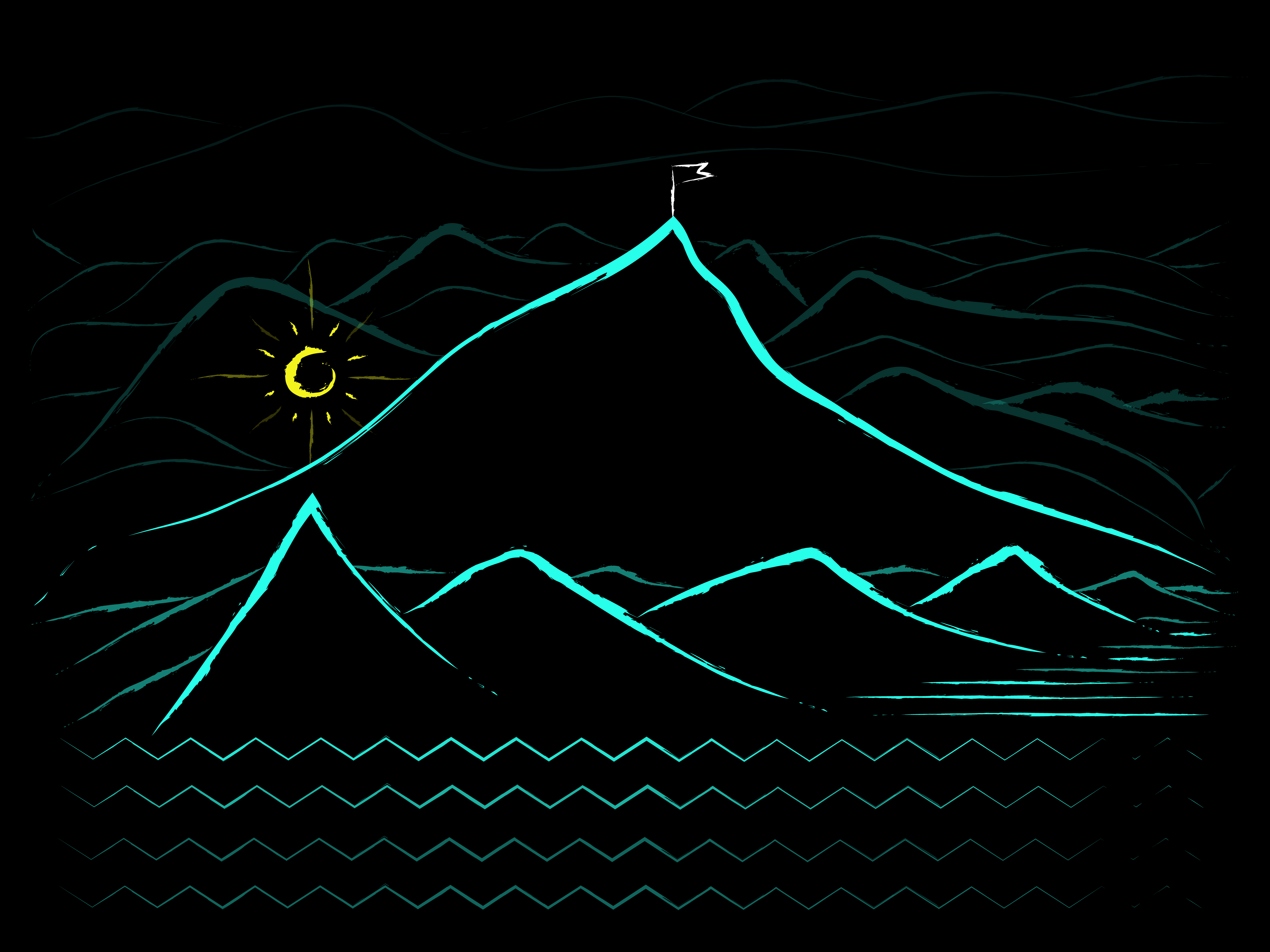 Turqoise mountain range and waves in the front. On top of the largest mountain is a white flag wavering in the wind.