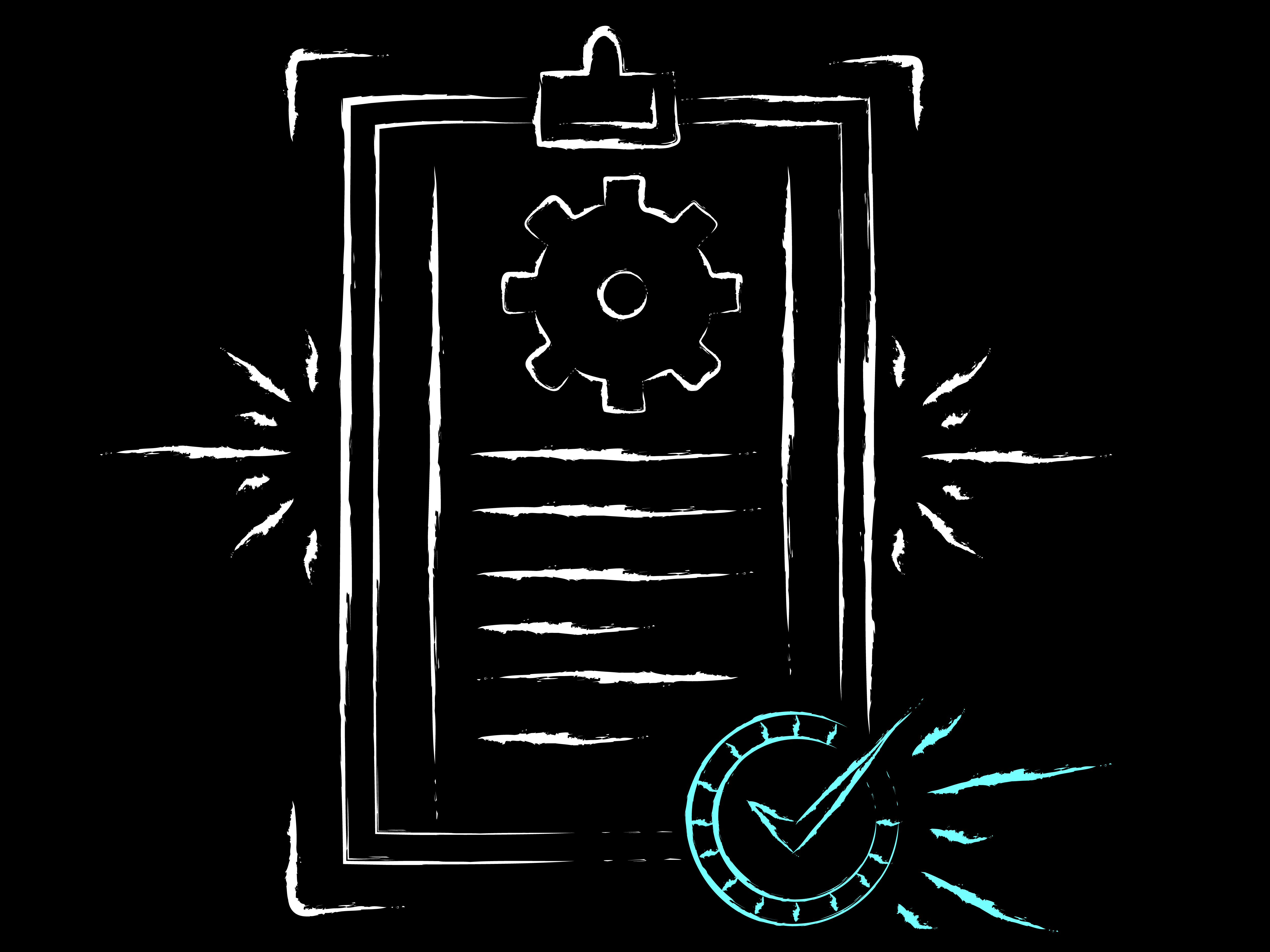 A paper filled with projects finalised and completed. Black and white with a cyan check mark indicating completion.