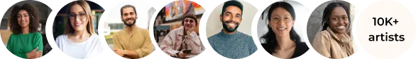 Diverse group of seven smiling artists against a dark background with text '10K+ artists'.