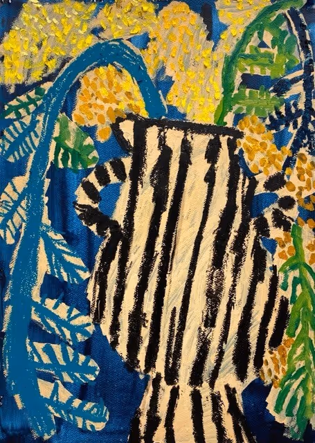 Painting of a black-and-white striped vase surrounded by green leaves and yellow flowers on a blue background.