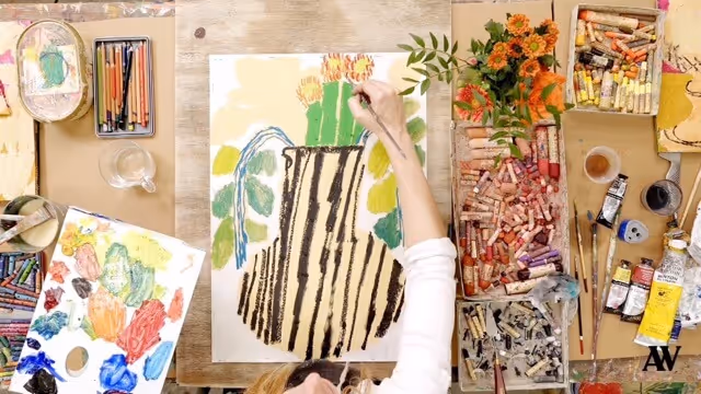 Abstract colorful painting featuring a yellow-orange vase with striped handles in front of a patchwork background of blue, red, green, and white textured patterns resembling flowers and leaves.