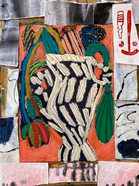 Abstract painting of a vase with bold black and white stripes surrounded by colorful shapes and brushstrokes on a red background.