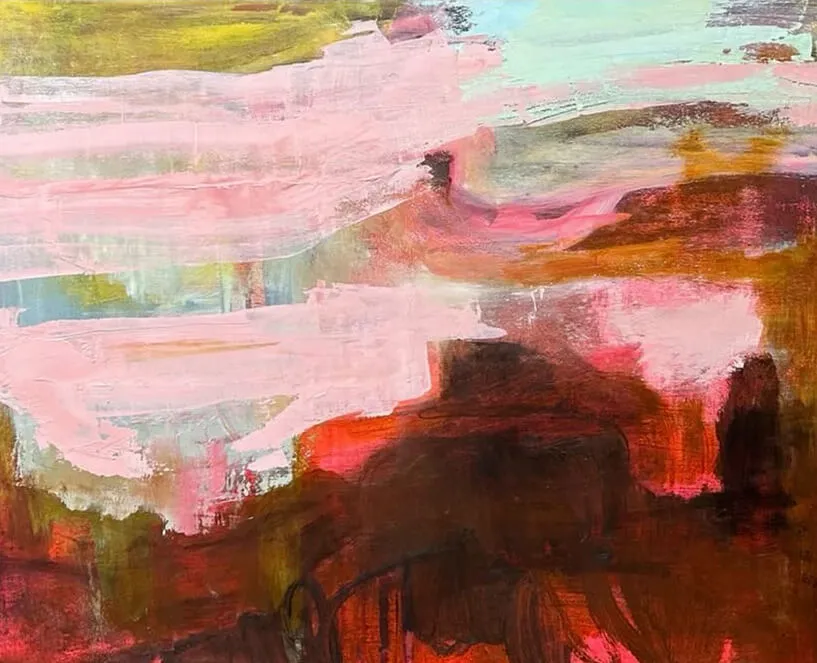 Abstract painting with layered brush strokes in pink, red, brown, yellow, and green hues.
