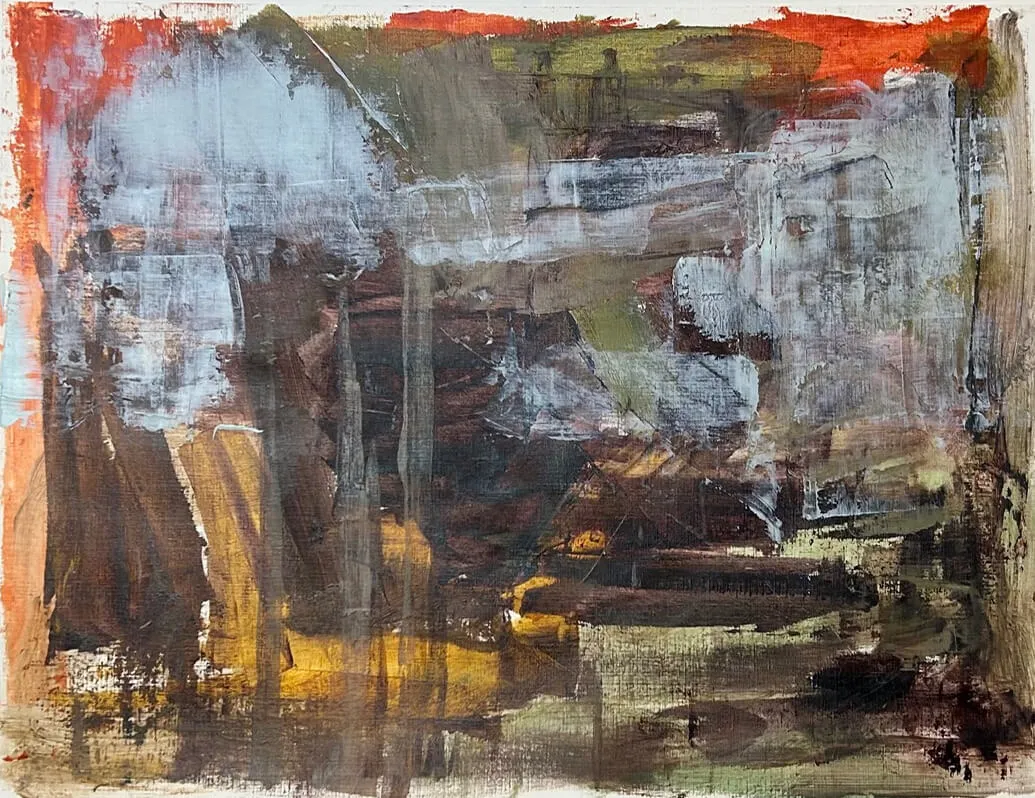 Abstract painting with mixed brushstrokes in brown, gray, mustard yellow, and orange hues.