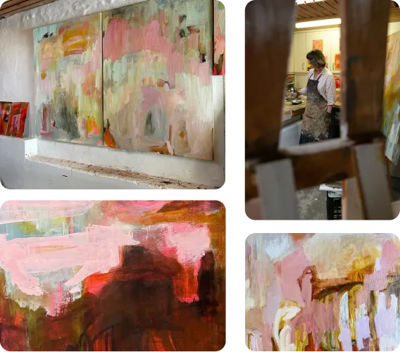 Collage showing an art studio with abstract paintings in warm colors and a person wearing an apron and mask working in the background.