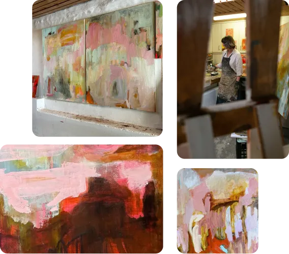Collage showing an art studio with abstract paintings in warm colors and a person wearing an apron and mask working in the background.
