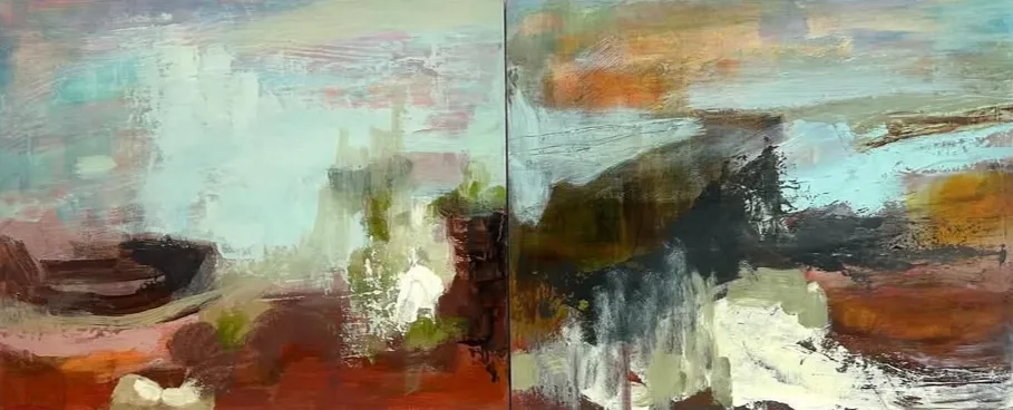 Abstract landscape painting with earthy tones of red, brown, and green, contrasted with patches of blue and white sky, divided vertically in the center.