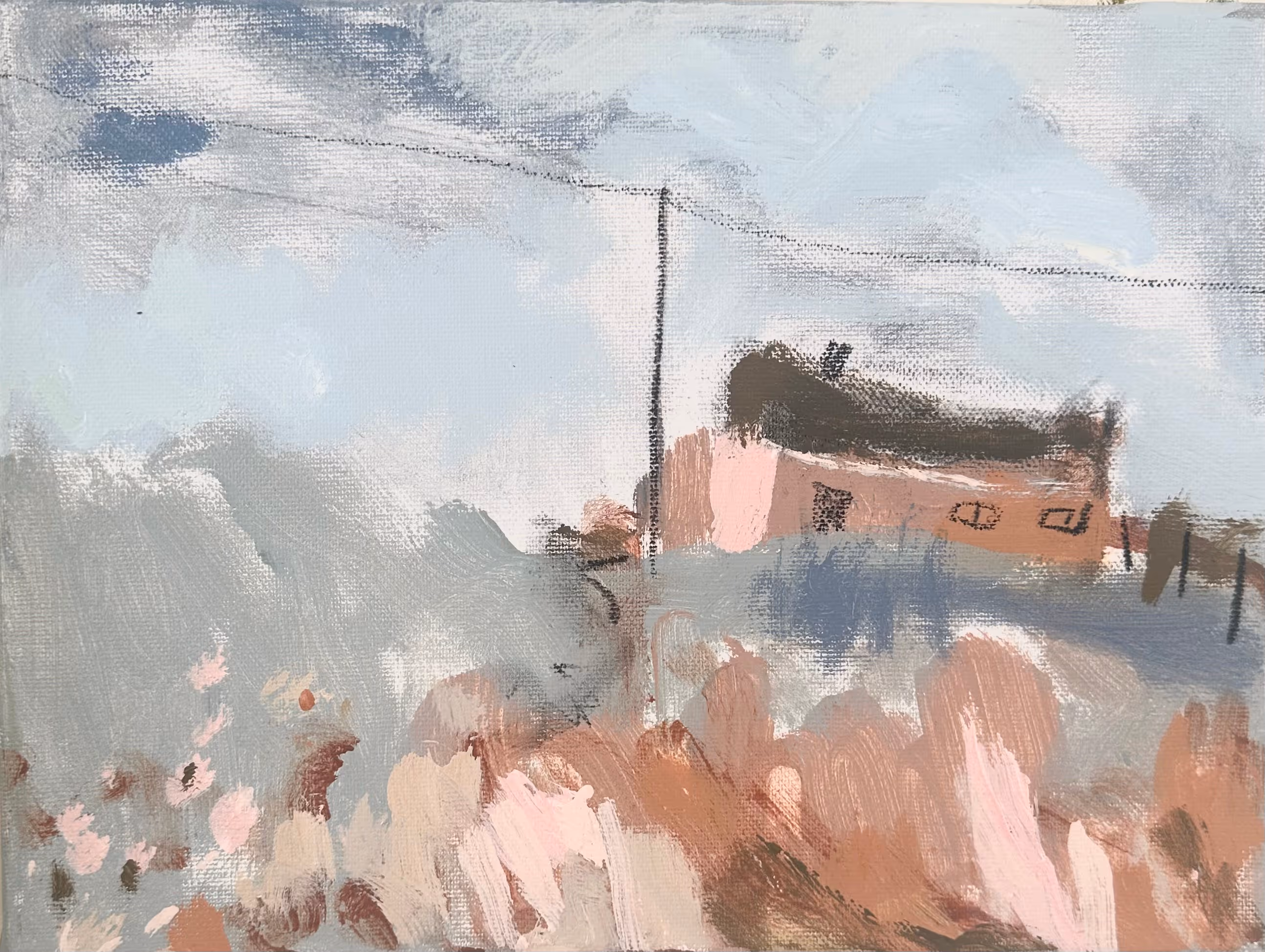 Abstract painting of a house with a dark roof and pink walls under a cloudy sky.