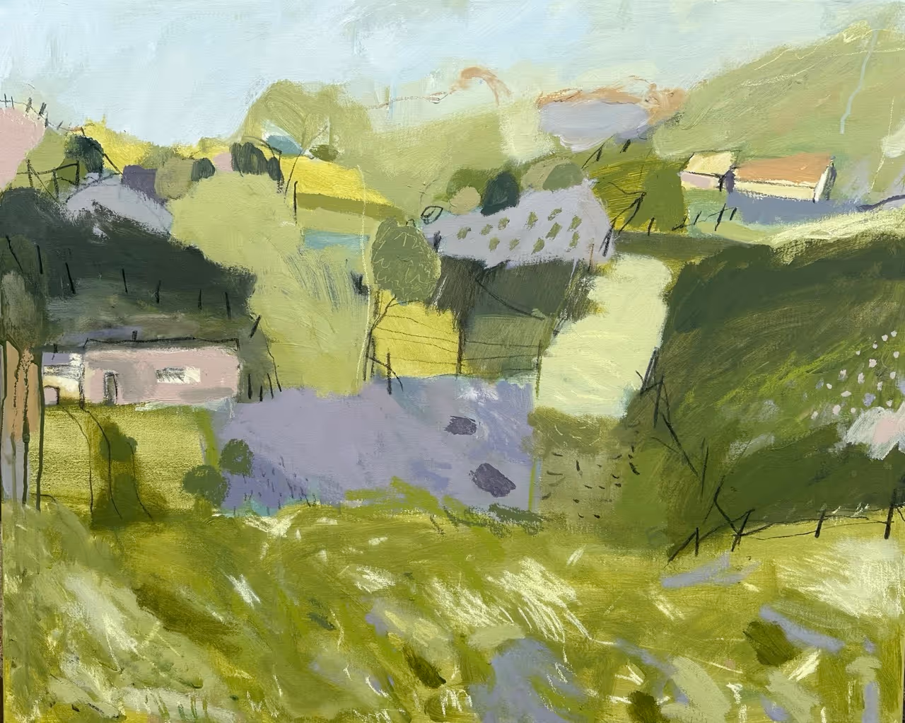 Abstract painting of a green landscape with houses, trees, and hills under a pale sky.