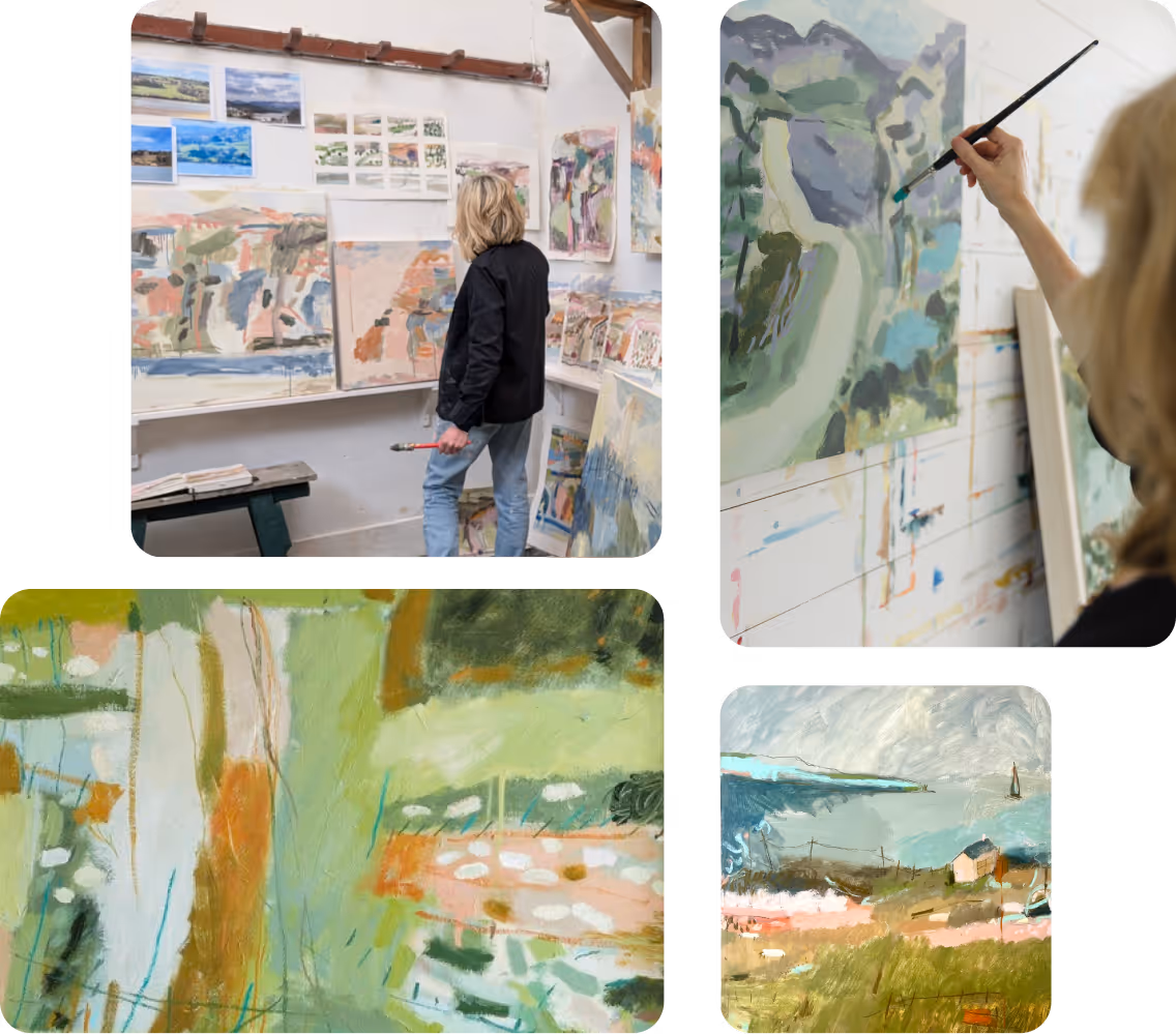 Artist painting and examining abstract landscape artworks in a studio with multiple canvases displayed.