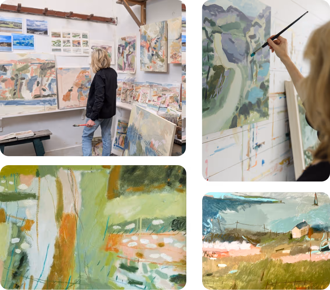 Artist painting abstract landscape scenes in a studio with multiple colorful artworks displayed on walls.