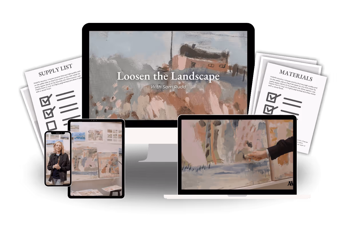 Digital course on art titled Loosen the Landscape with Sam Rudd shown on multiple devices with supply and materials lists.