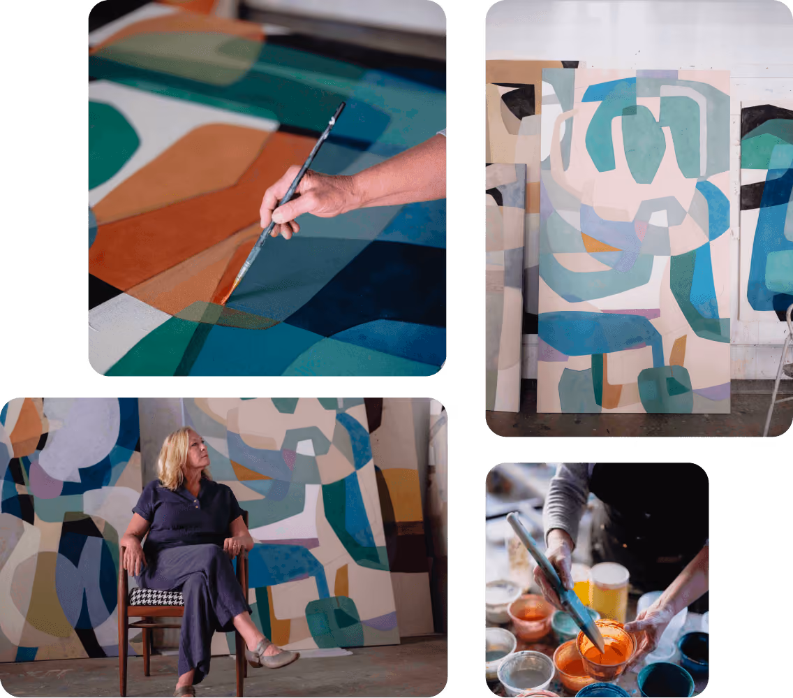 Four images showing an artist painting geometric shapes, colorful paint pots, and abstract artworks.