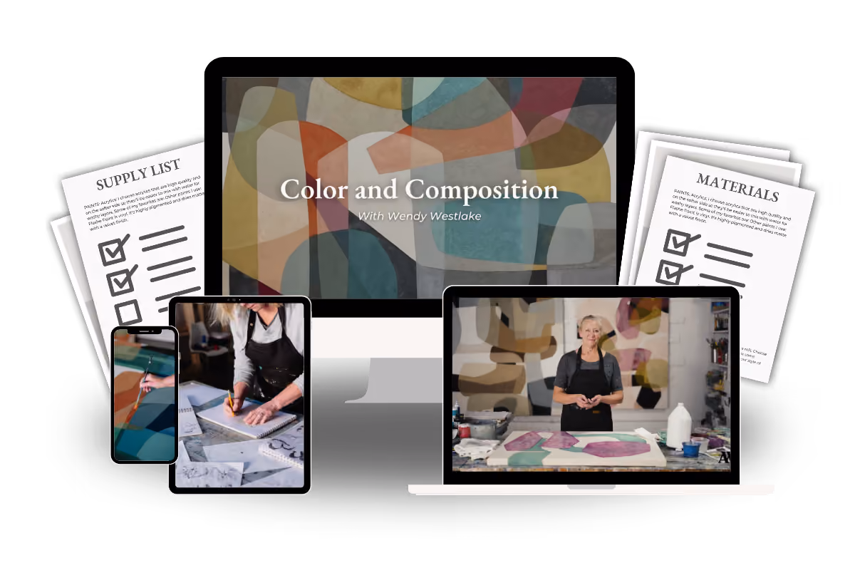 Online art course with Color and Composition by Wendy Westlake shown on multiple devices and supply lists.