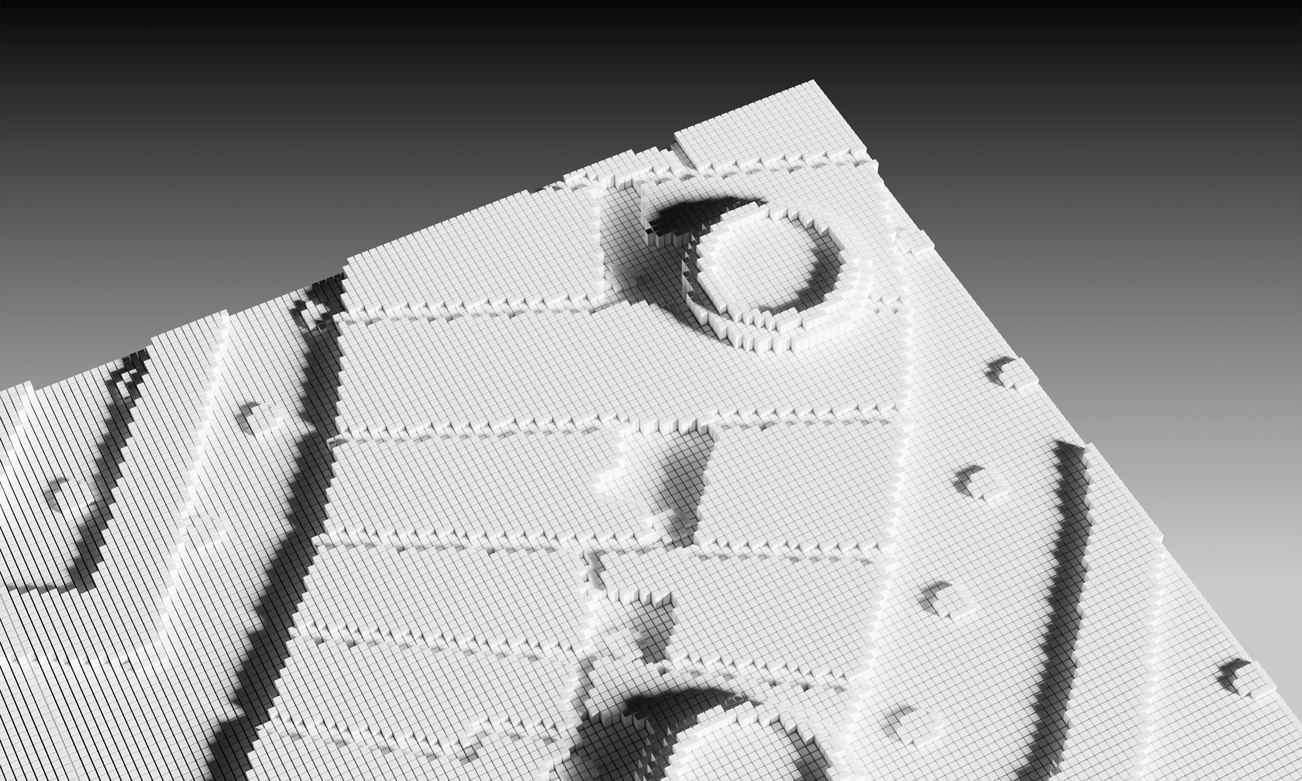 3D pixelated close-up of a mechanical or robotic surface with circular and rectangular raised patterns.