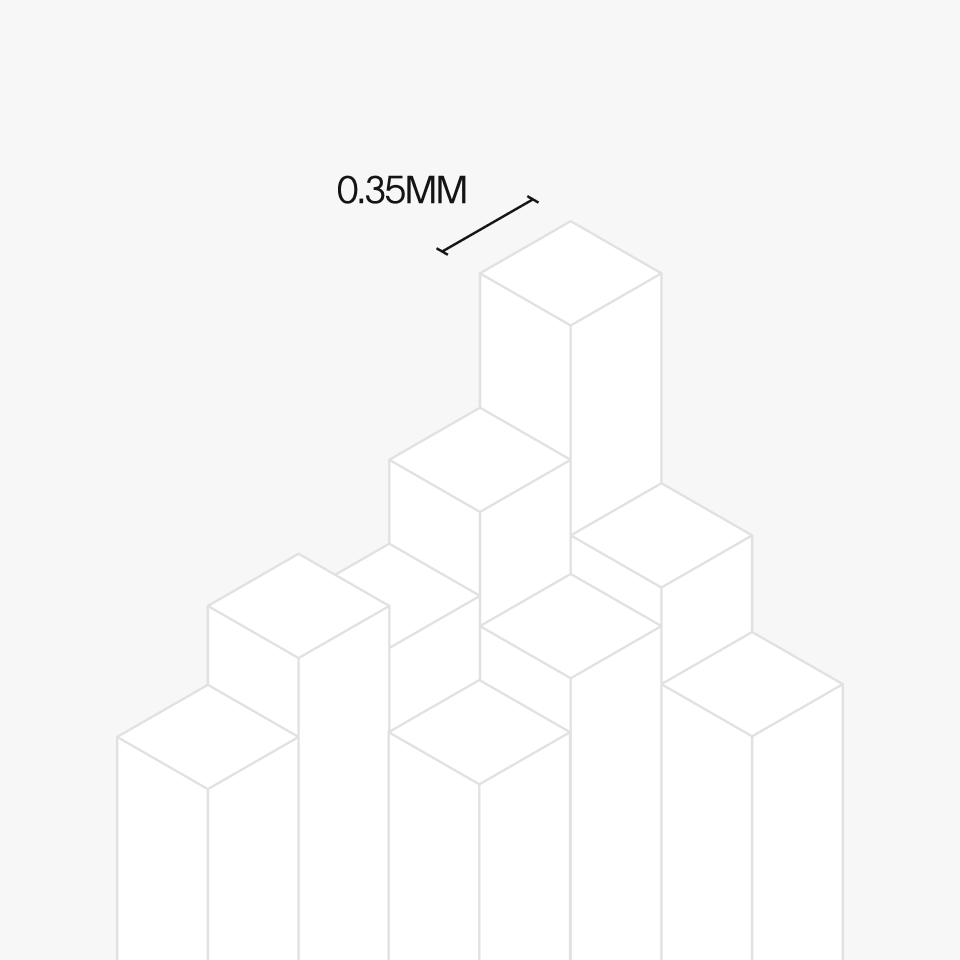 3D white cubic blocks stacked in varying heights on a dark background with a dimension label of 0.35MM.