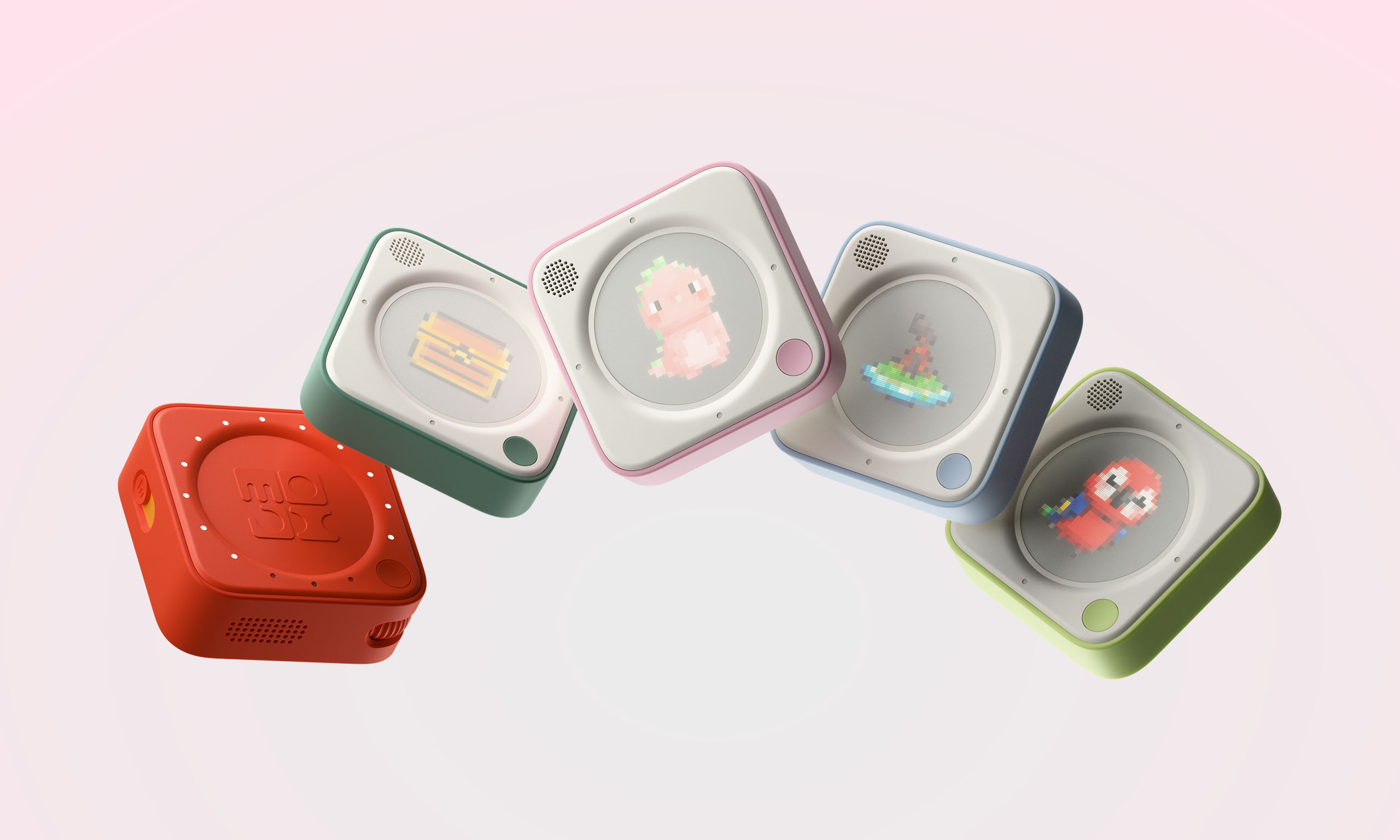 Five colorful square digital devices with pixelated characters and icons displayed on their screens against a light pink background.